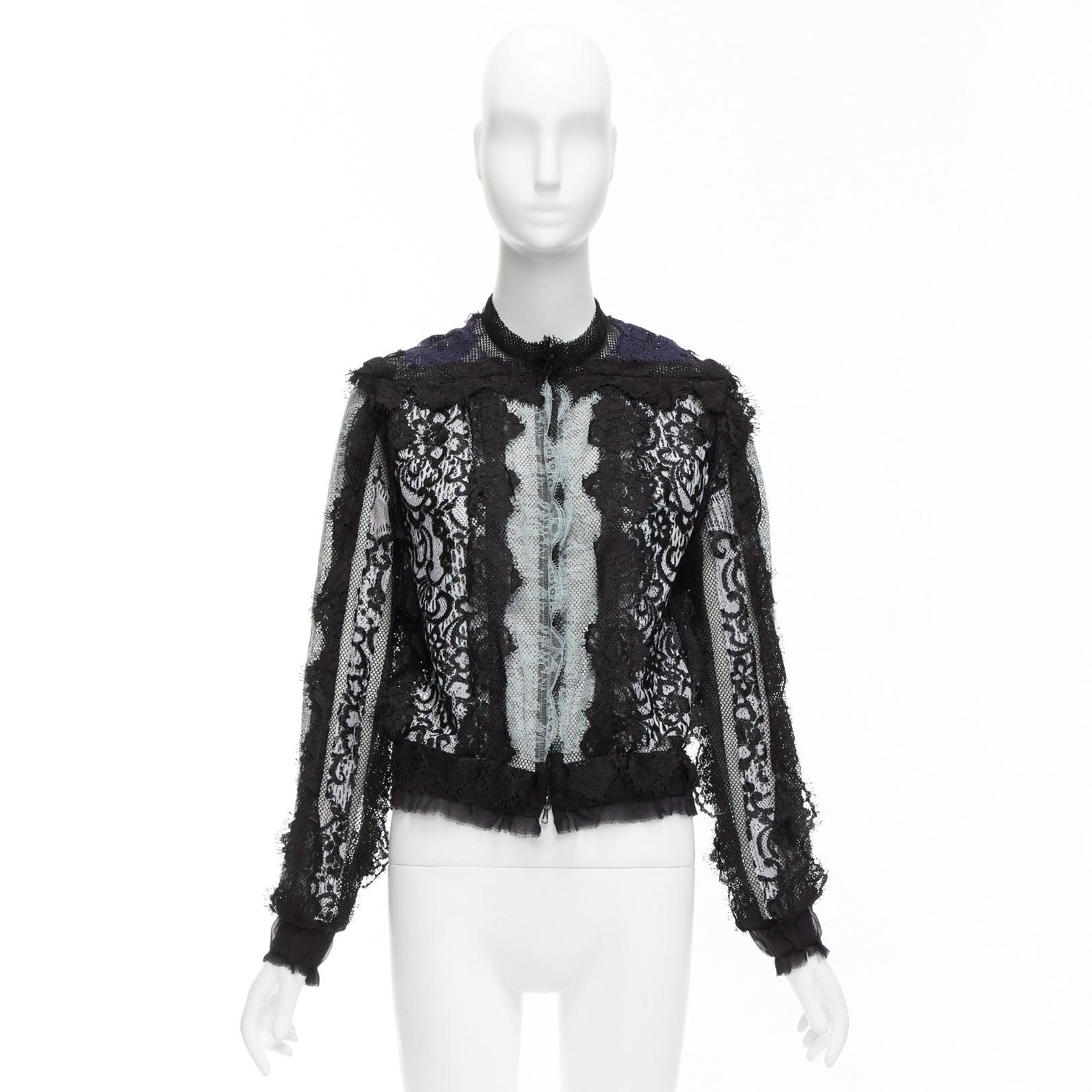 LANVIN blue black intricate lace panels sheer long sleeve jacket FR34 XS For Sale 5