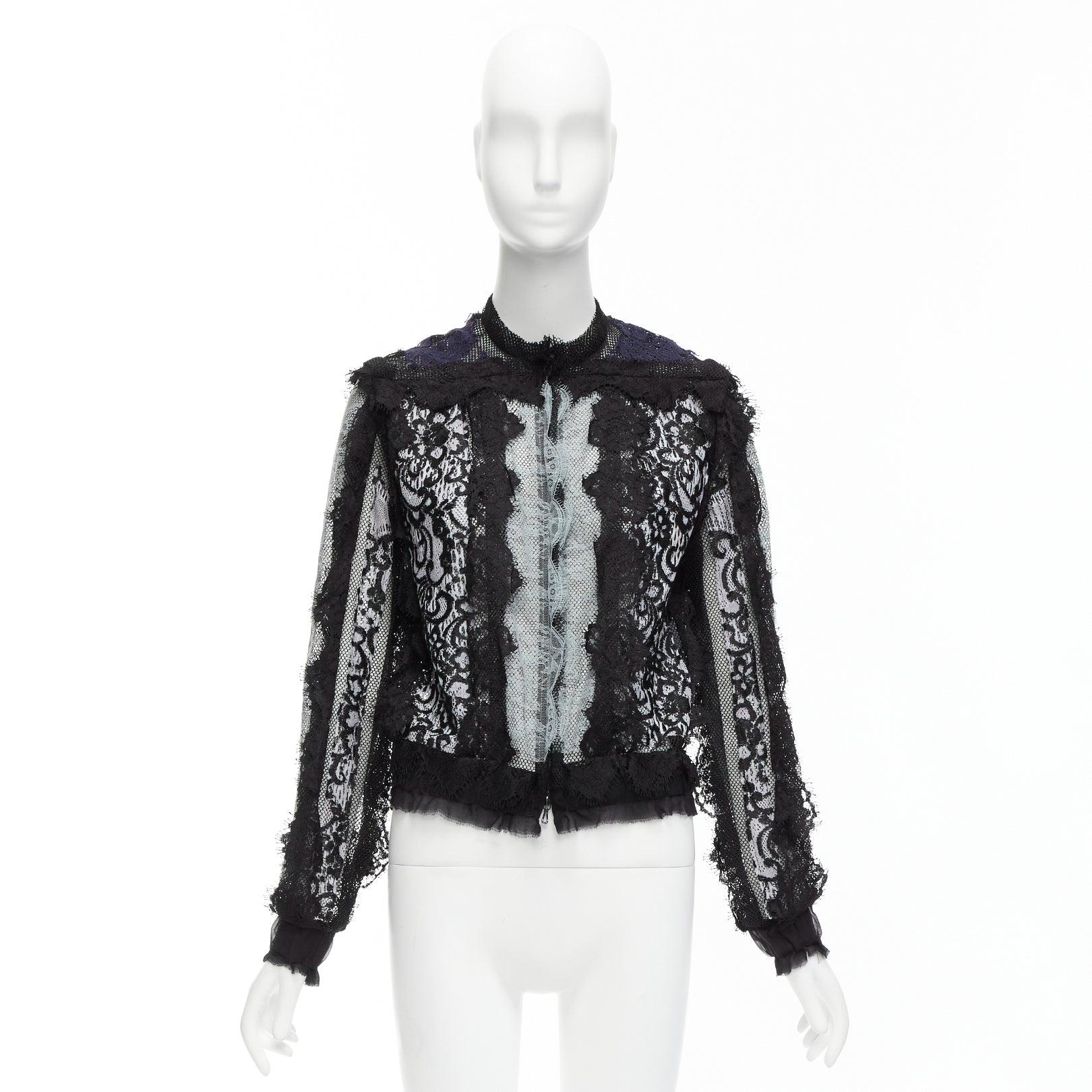 LANVIN blue black intricate lace panels sheer long sleeve jacket FR34 XS For Sale 6