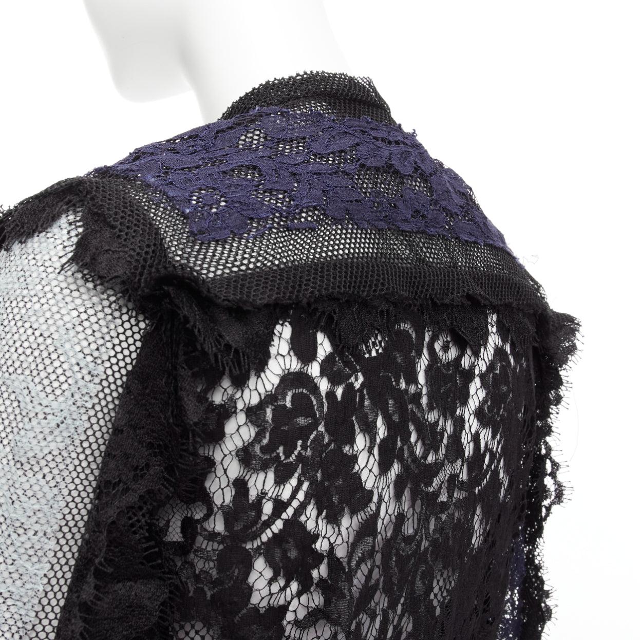 LANVIN blue black intricate lace panels sheer long sleeve jacket FR34 XS
Reference: AAWC/A00812
Brand: Lanvin
Designer: Alber Elbaz
Material: Cotton, Blend
Color: Blue, Black
Pattern: Lace
Closure: Zip
Made in: France

CONDITION:
Condition:
