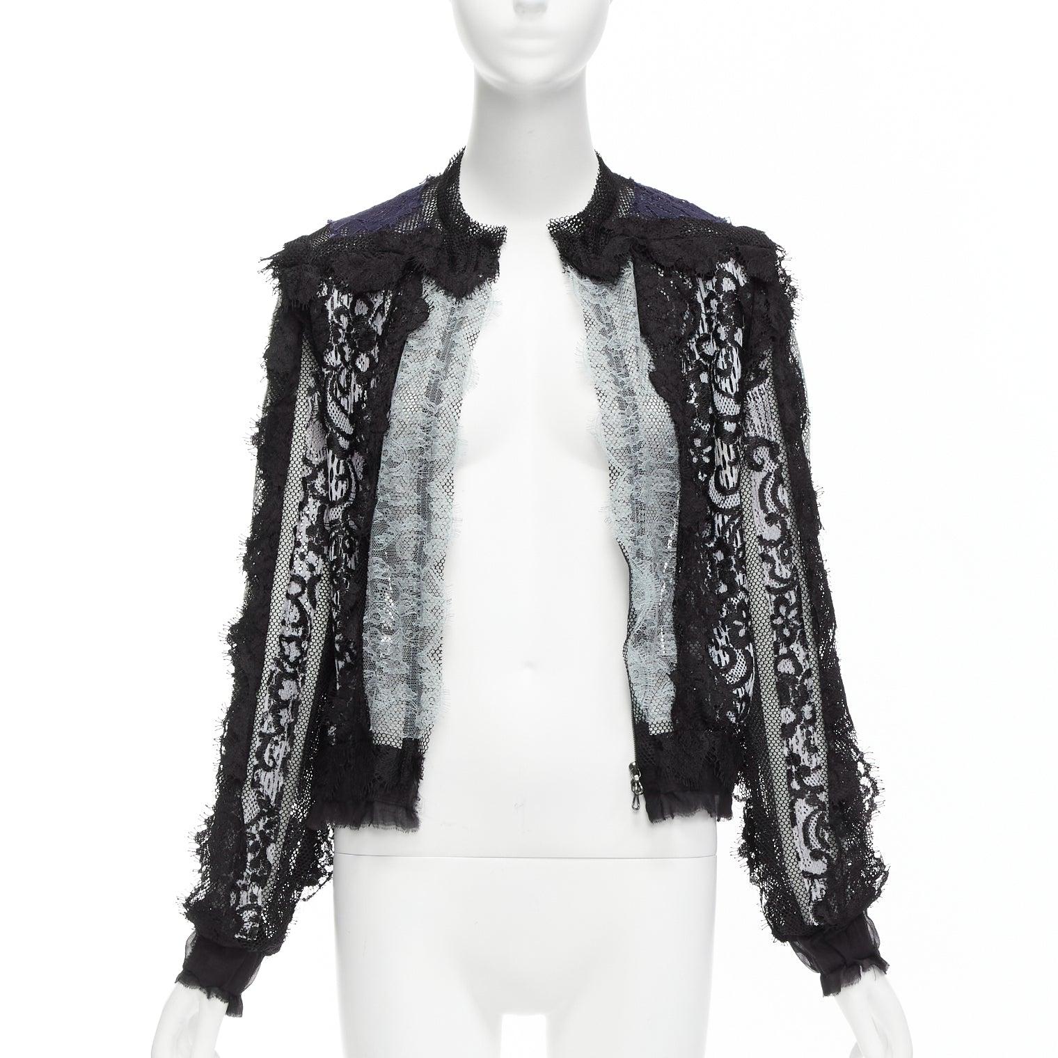 Black LANVIN blue black intricate lace panels sheer long sleeve jacket FR34 XS For Sale