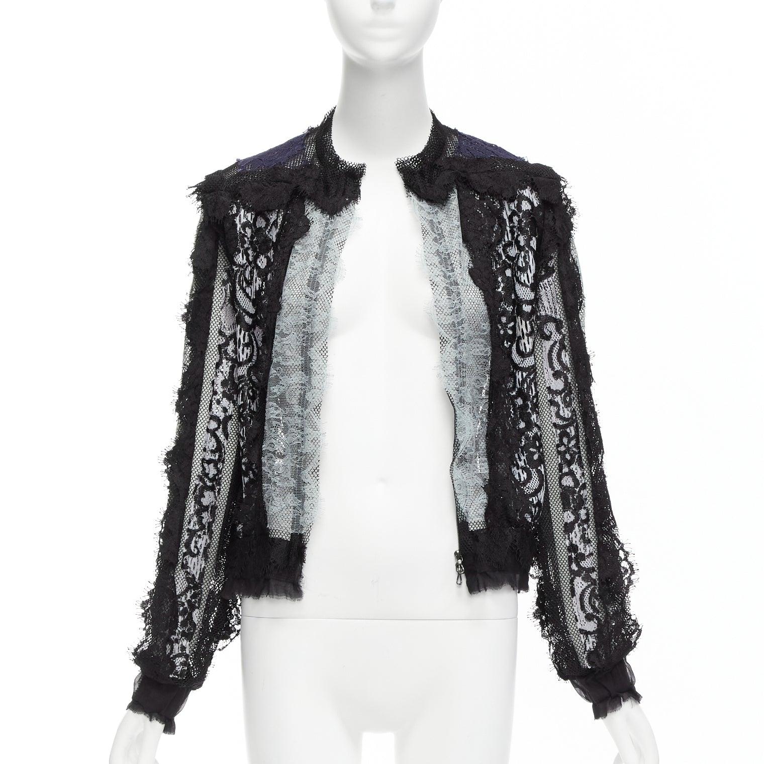 LANVIN blue black intricate lace panels sheer long sleeve jacket FR34 XS In Excellent Condition For Sale In Hong Kong, NT