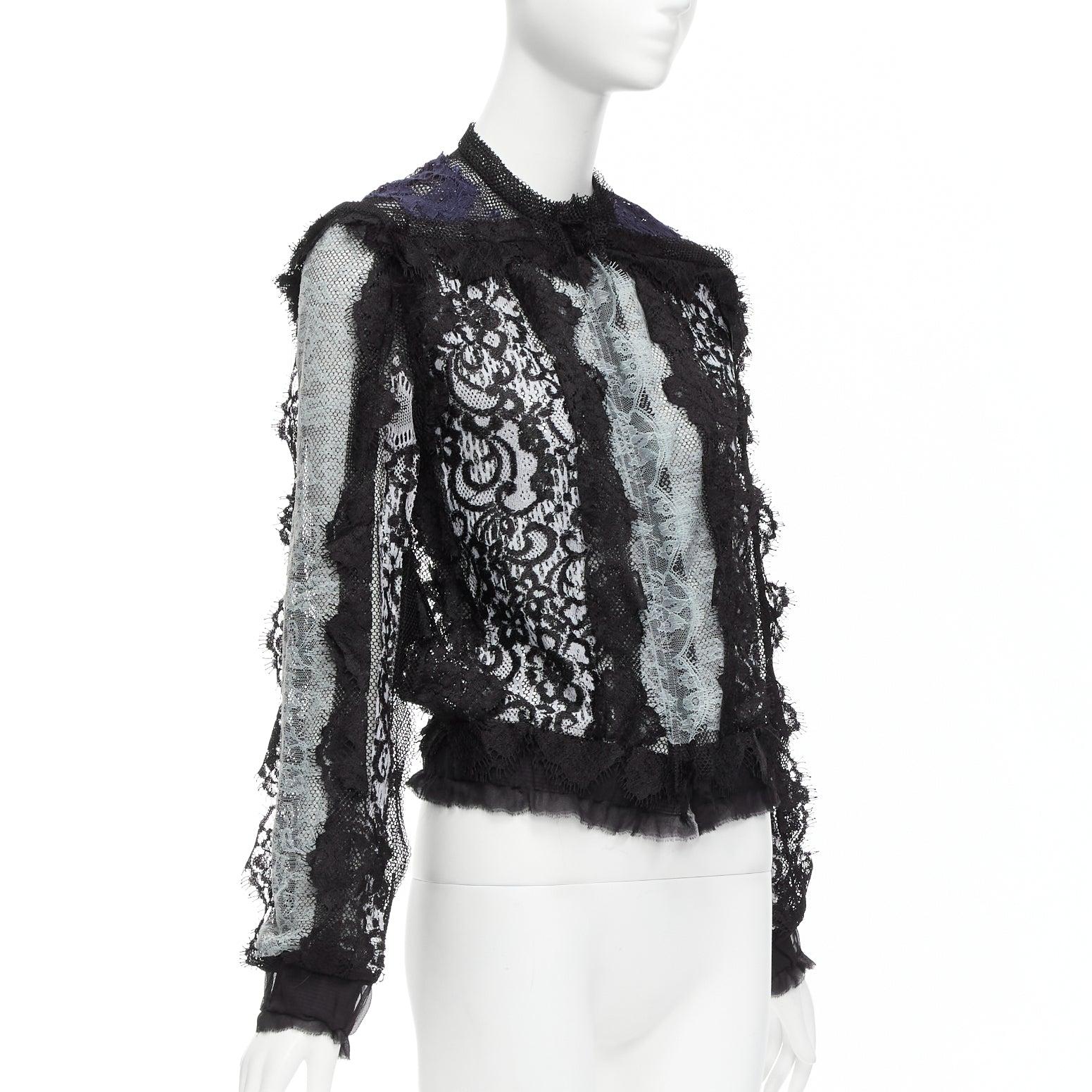 LANVIN blue black intricate lace panels sheer long sleeve jacket FR34 XS In Excellent Condition For Sale In Hong Kong, NT