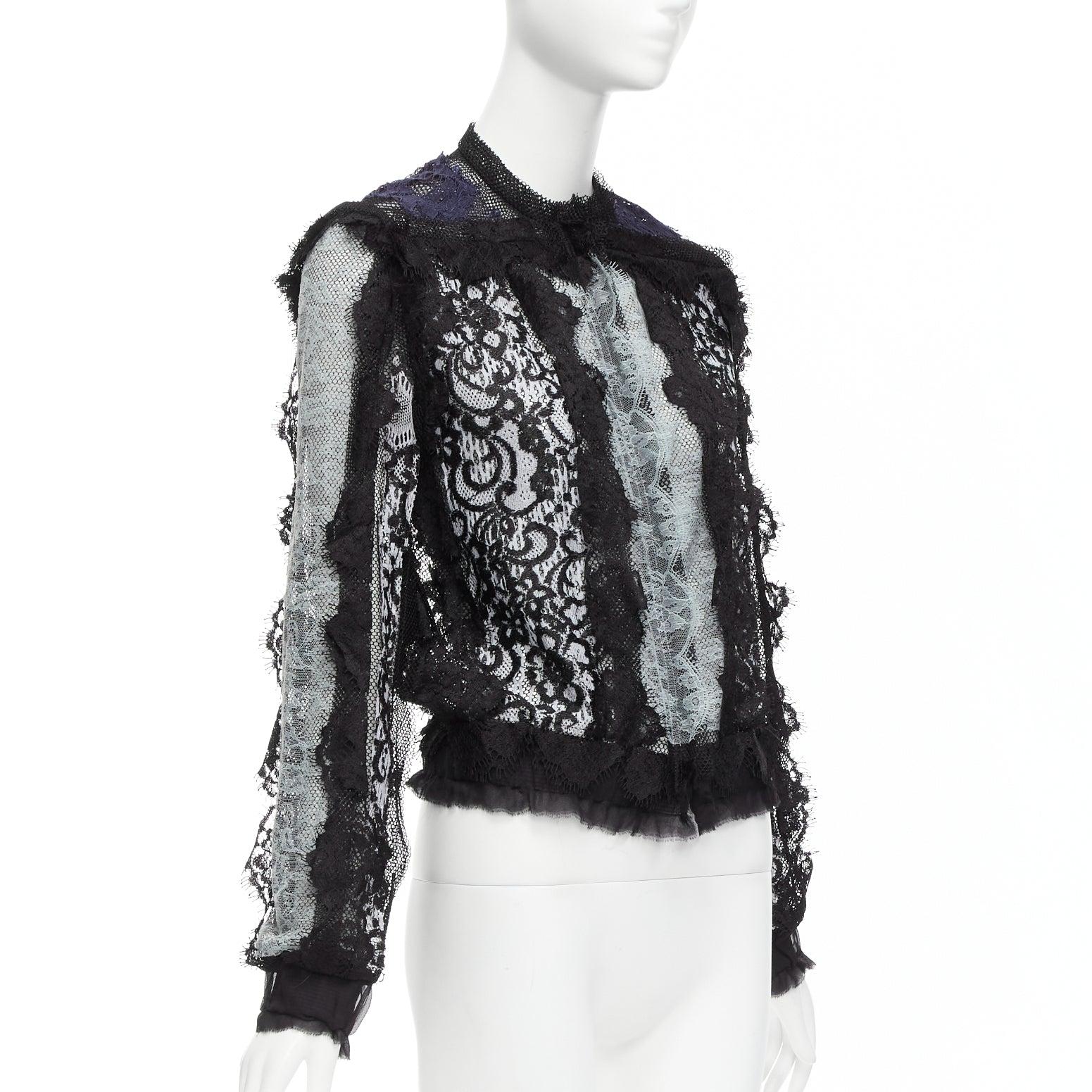 Women's LANVIN blue black intricate lace panels sheer long sleeve jacket FR34 XS For Sale