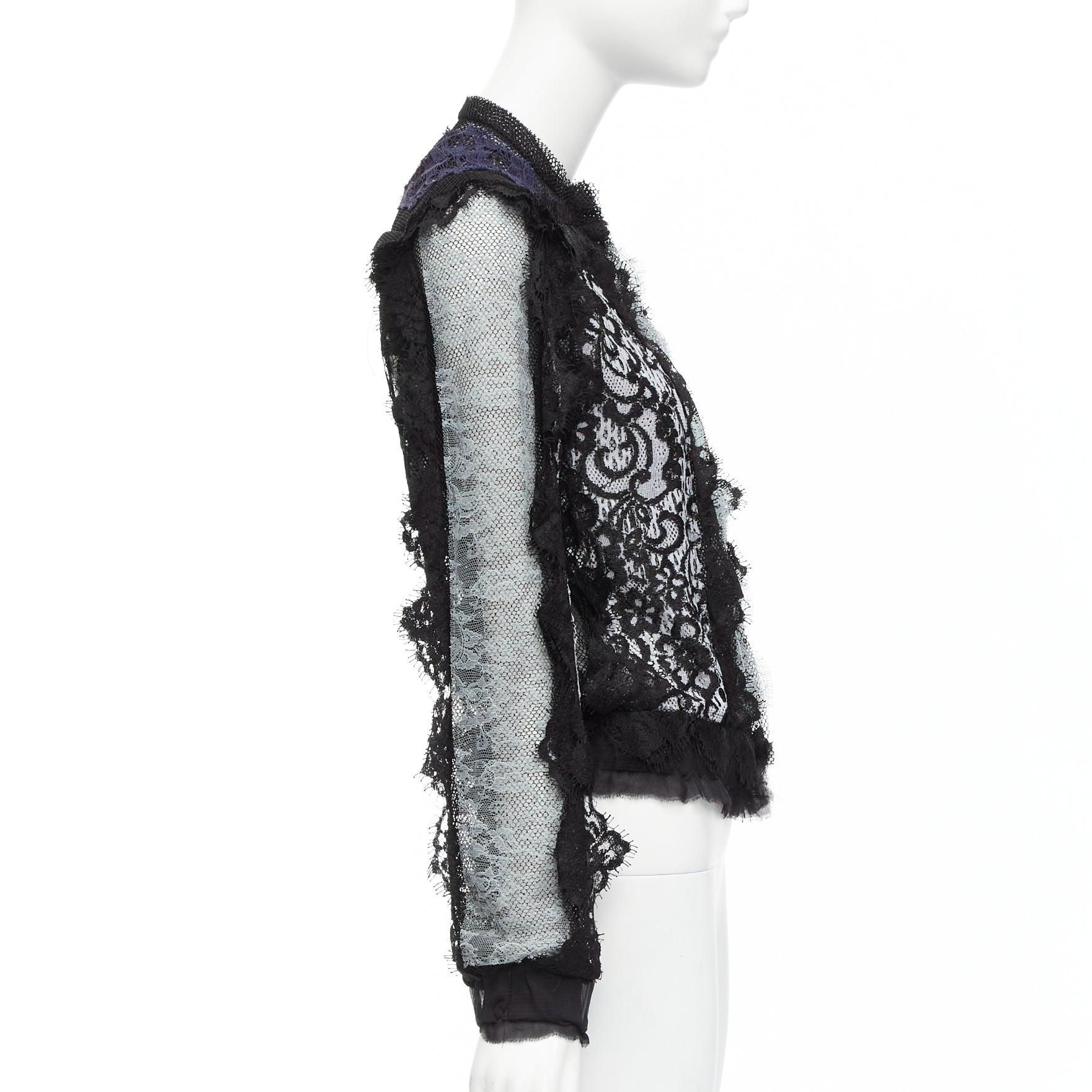 Women's LANVIN blue black intricate lace panels sheer long sleeve jacket FR34 XS For Sale