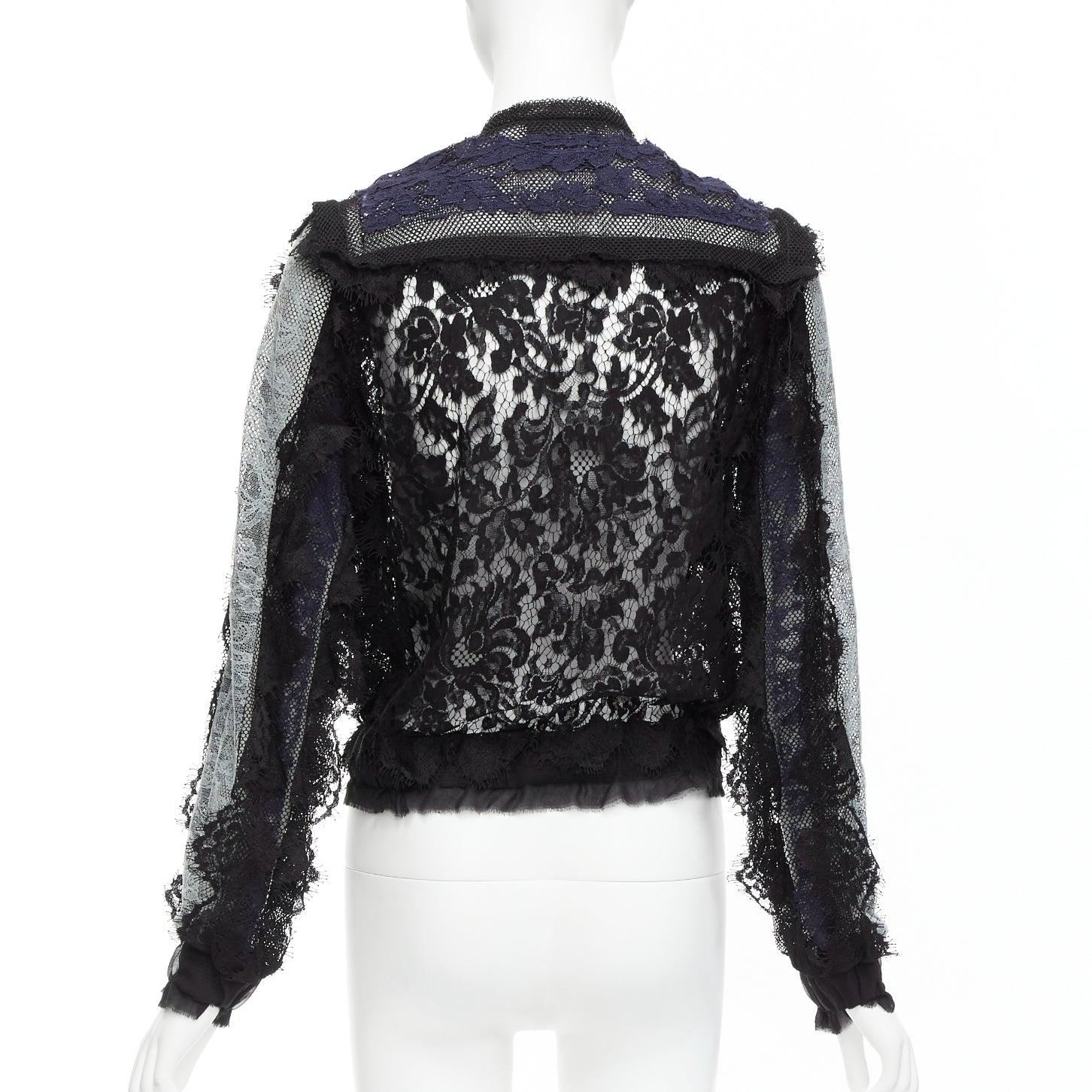 LANVIN blue black intricate lace panels sheer long sleeve jacket FR34 XS For Sale 2