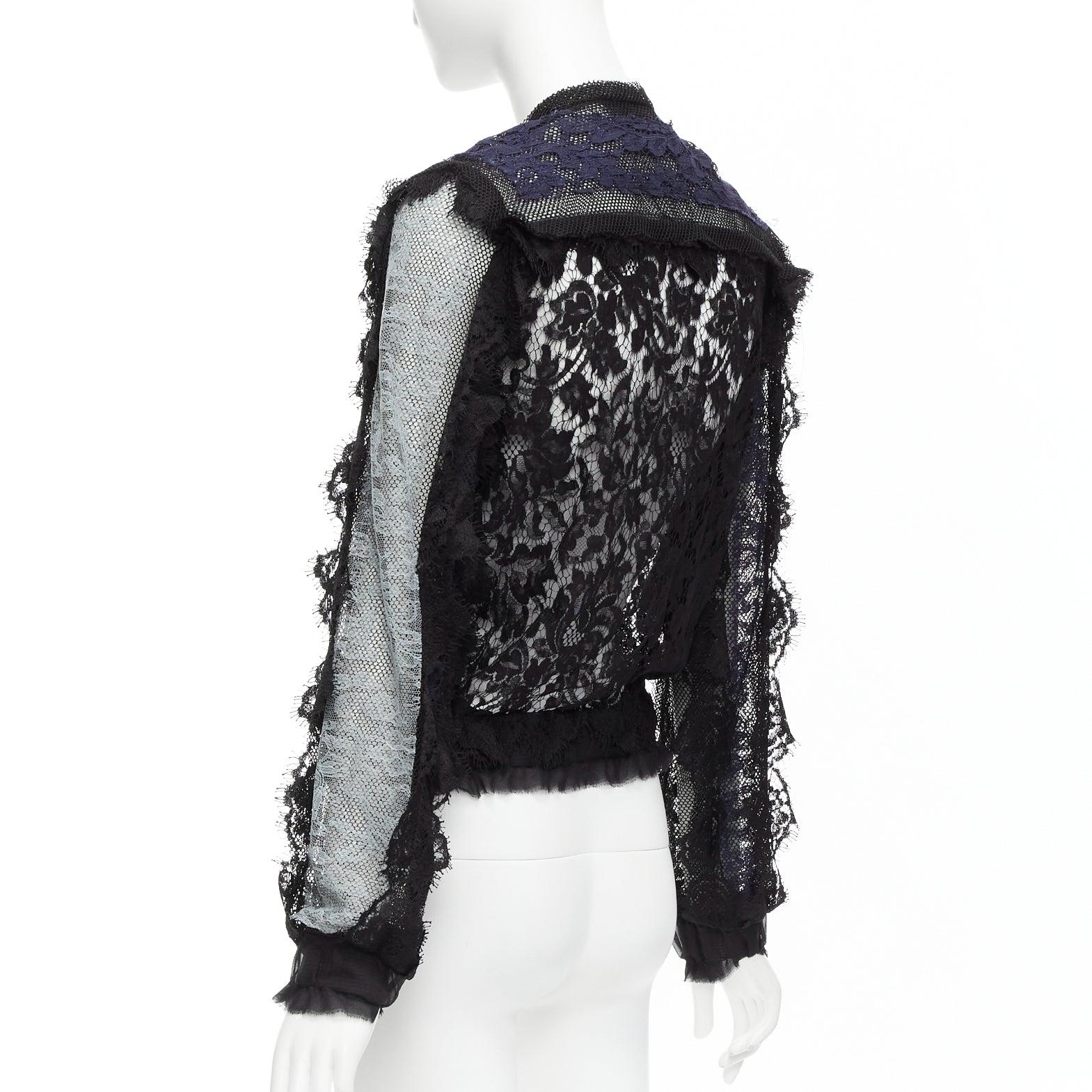 LANVIN blue black intricate lace panels sheer long sleeve jacket FR34 XS For Sale 3