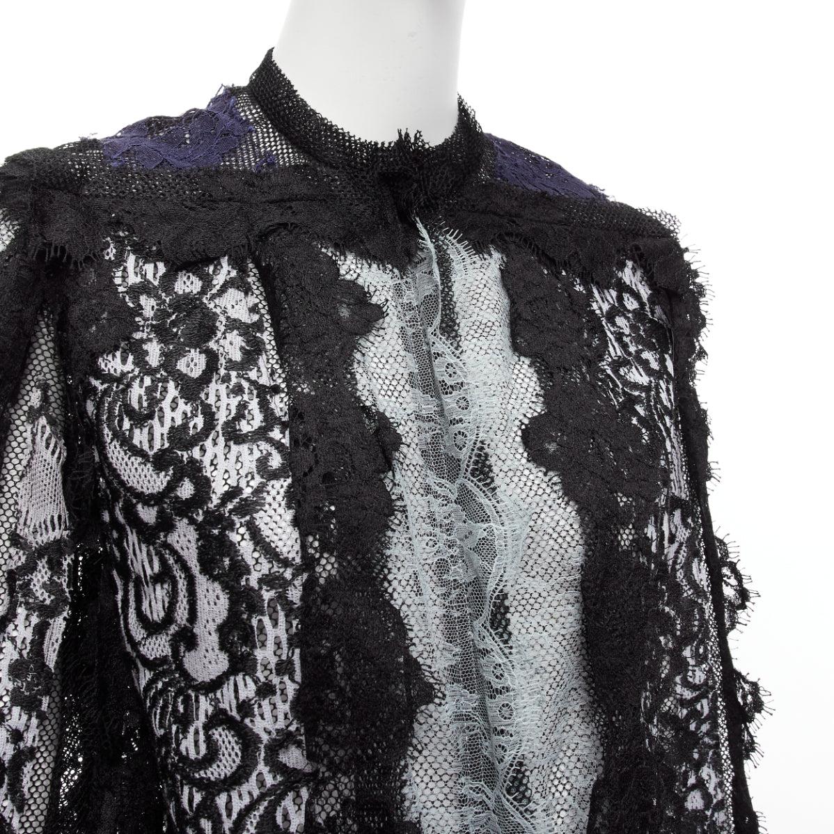 LANVIN blue black intricate lace panels sheer long sleeve jacket FR34 XS For Sale 3