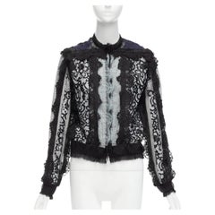 LANVIN blue black intricate lace panels sheer long sleeve jacket FR34 XS