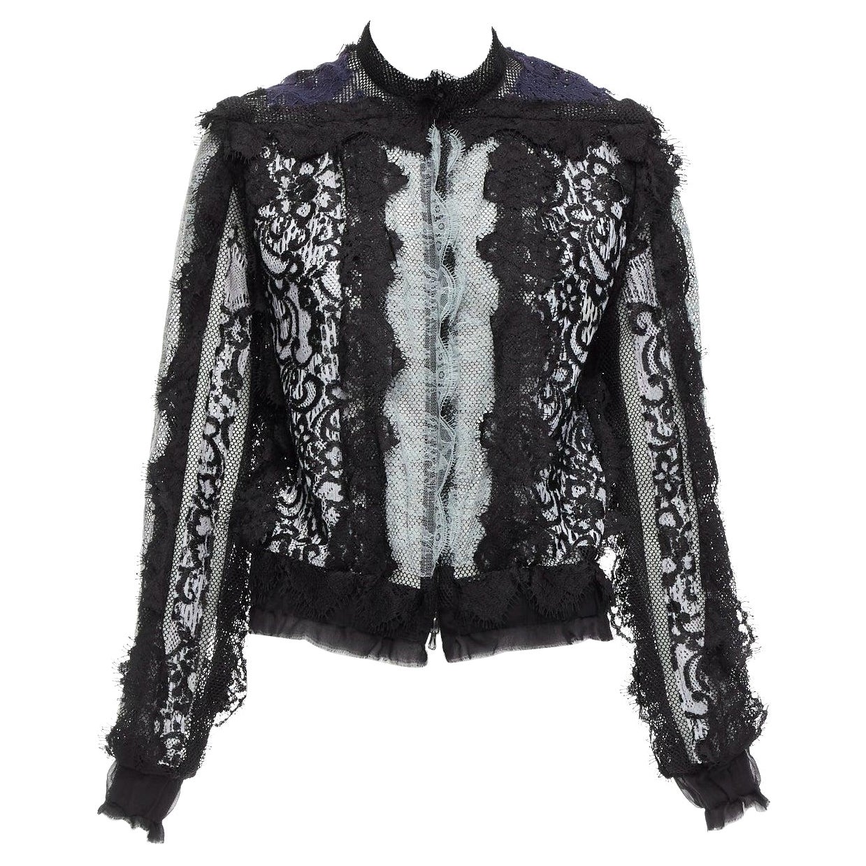 LANVIN blue black intricate lace panels sheer long sleeve jacket FR34 XS