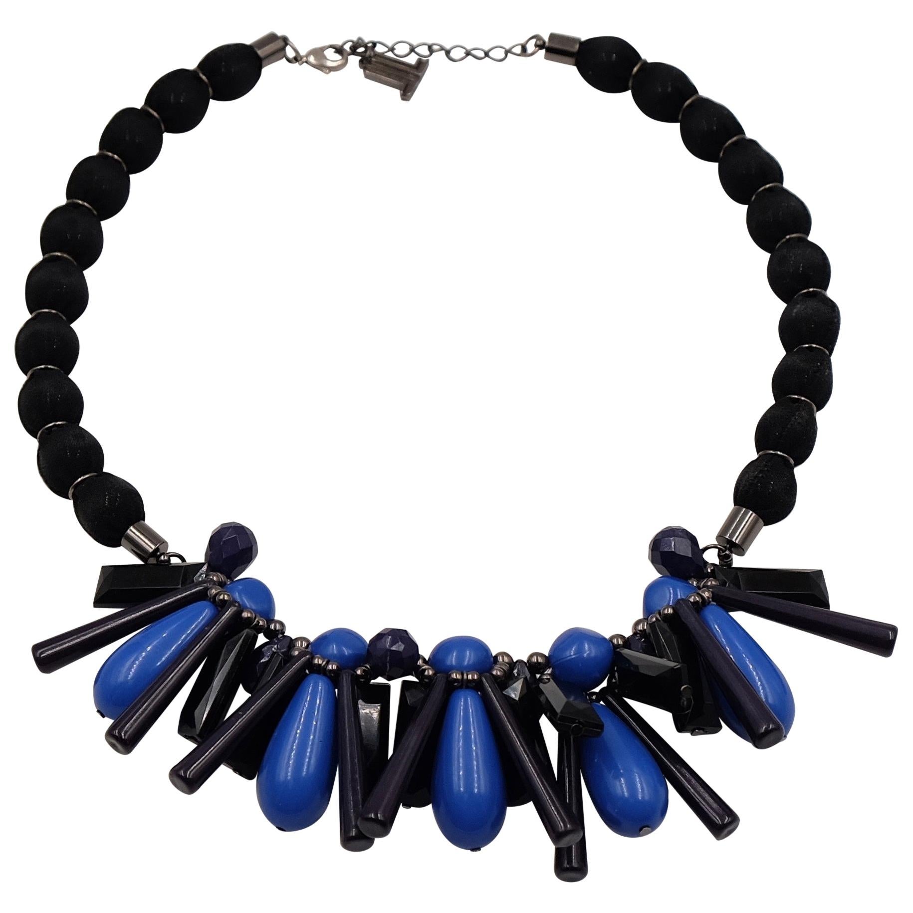 Lanvin Blue Black Plastic Fashion Necklace 