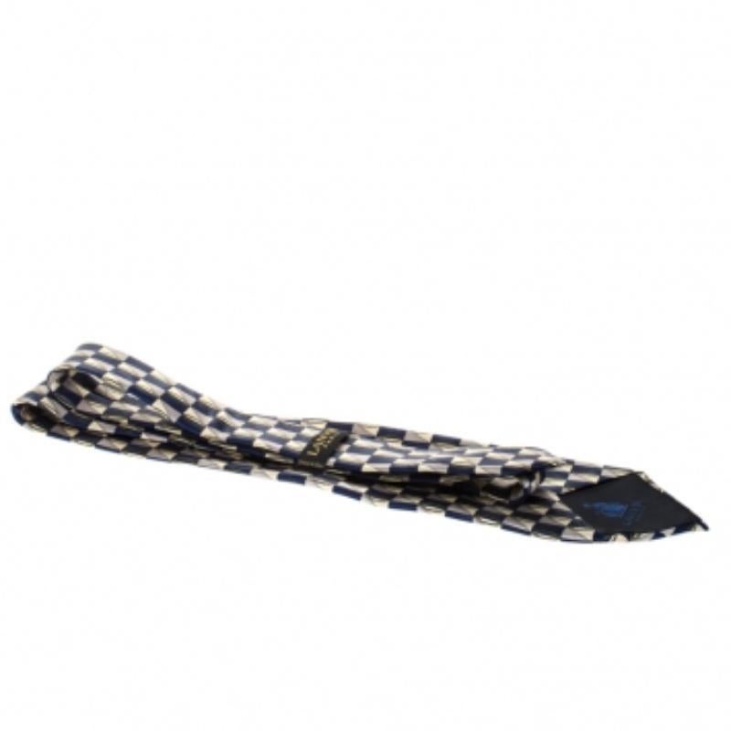 Gris Lanvin Blue Checkered Leaf Print Silk Tie en vente