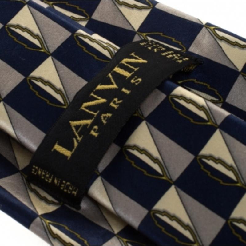 Lanvin Blue Checkered Leaf Print Silk Tie Bon état - En vente à Dubai, Al Qouz 2