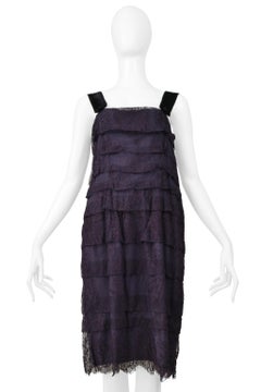 Lanvin Blue Lace Slip Dress With Velvet Straps & Satin Buttons 2006