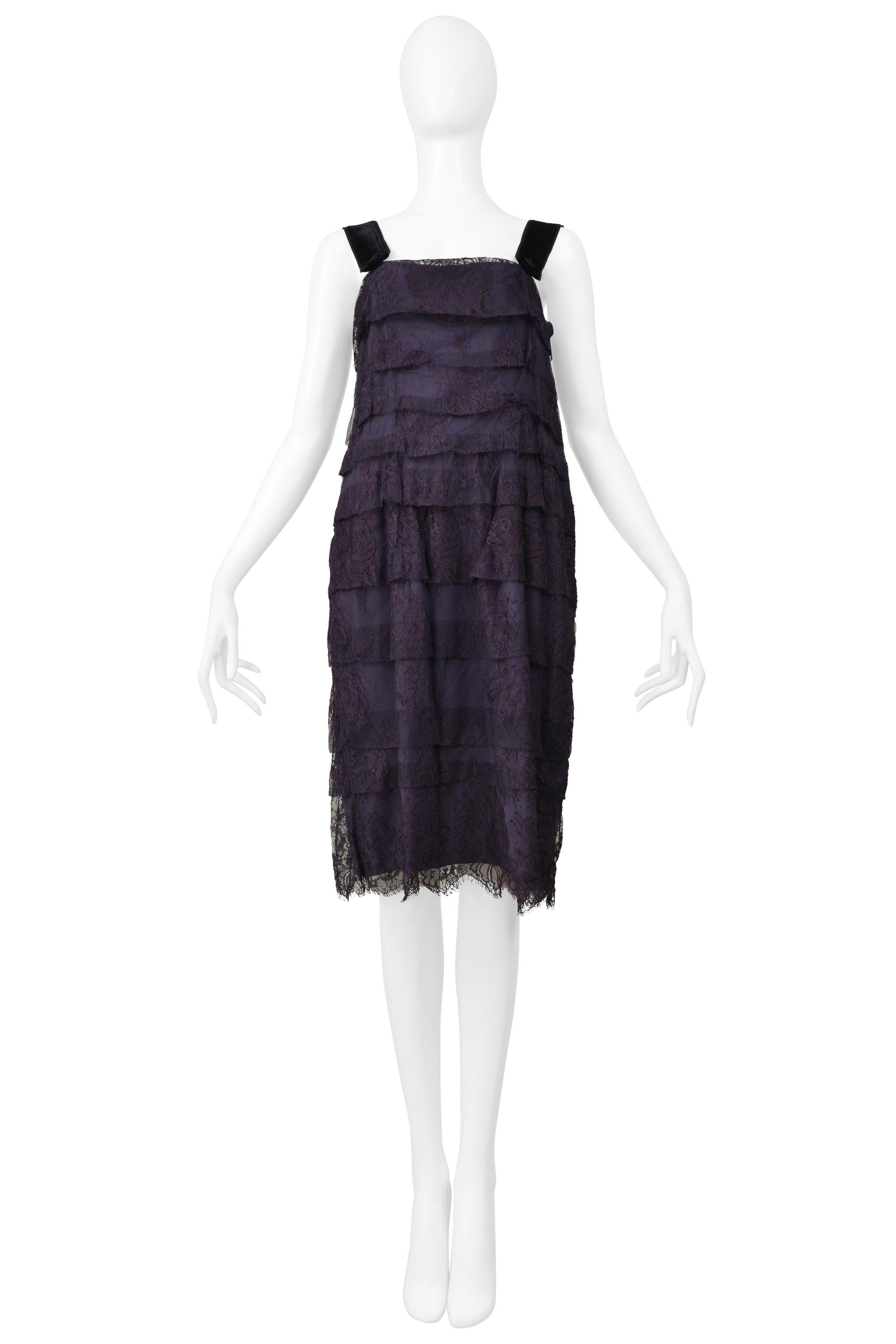 Nero Lanvin, abito blu in pizzo con spalline in velluto e bottoni in raso 2006 in vendita