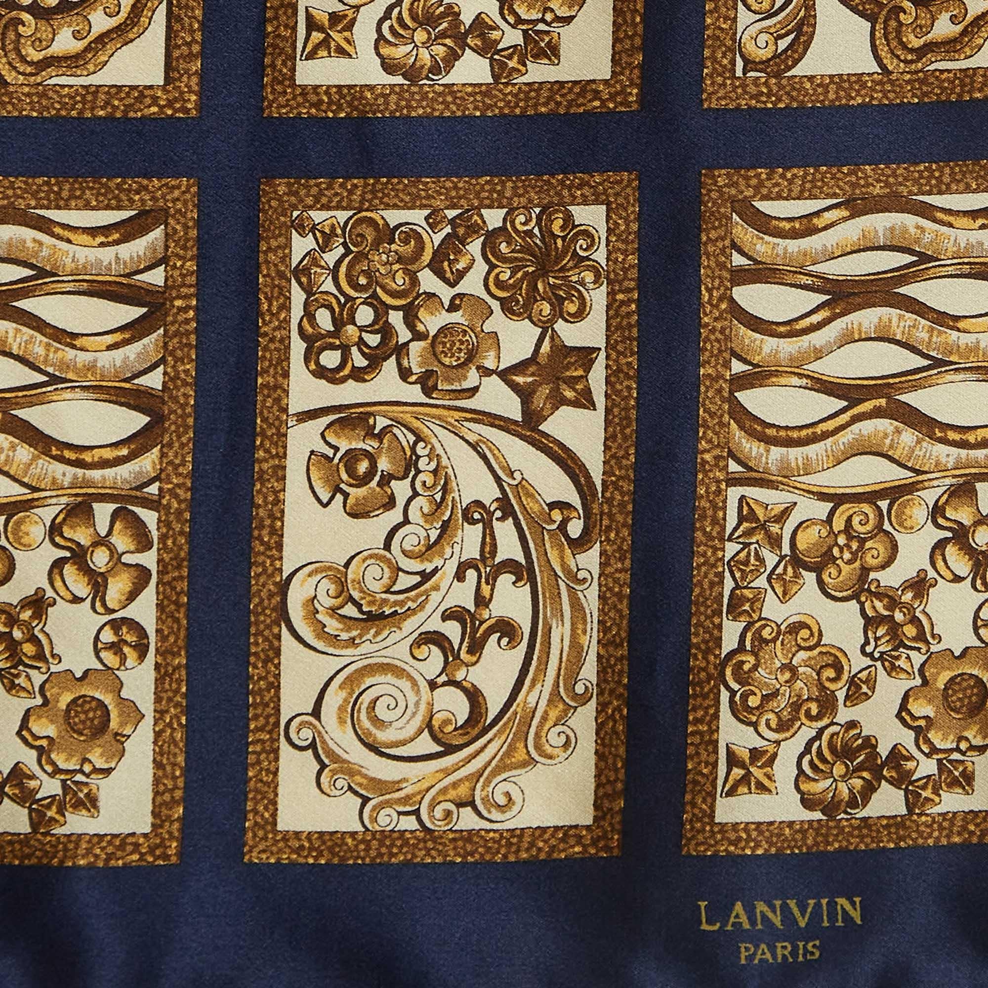Black Lanvin Blue Printed Satin Silk Pocket Square and Traditional Tie