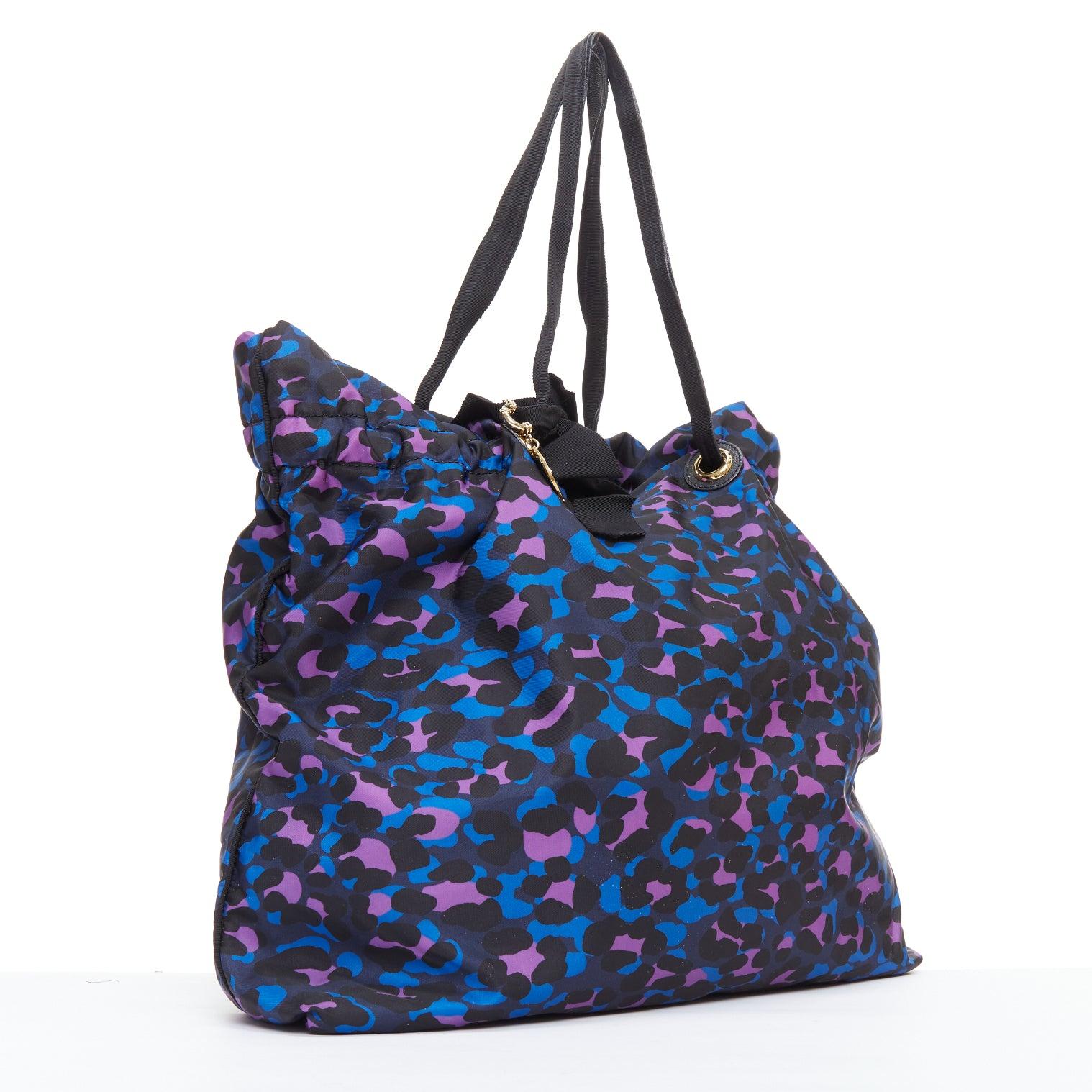 Purple LANVIN blue purple leopard print black bow strap shoulder tote bag For Sale