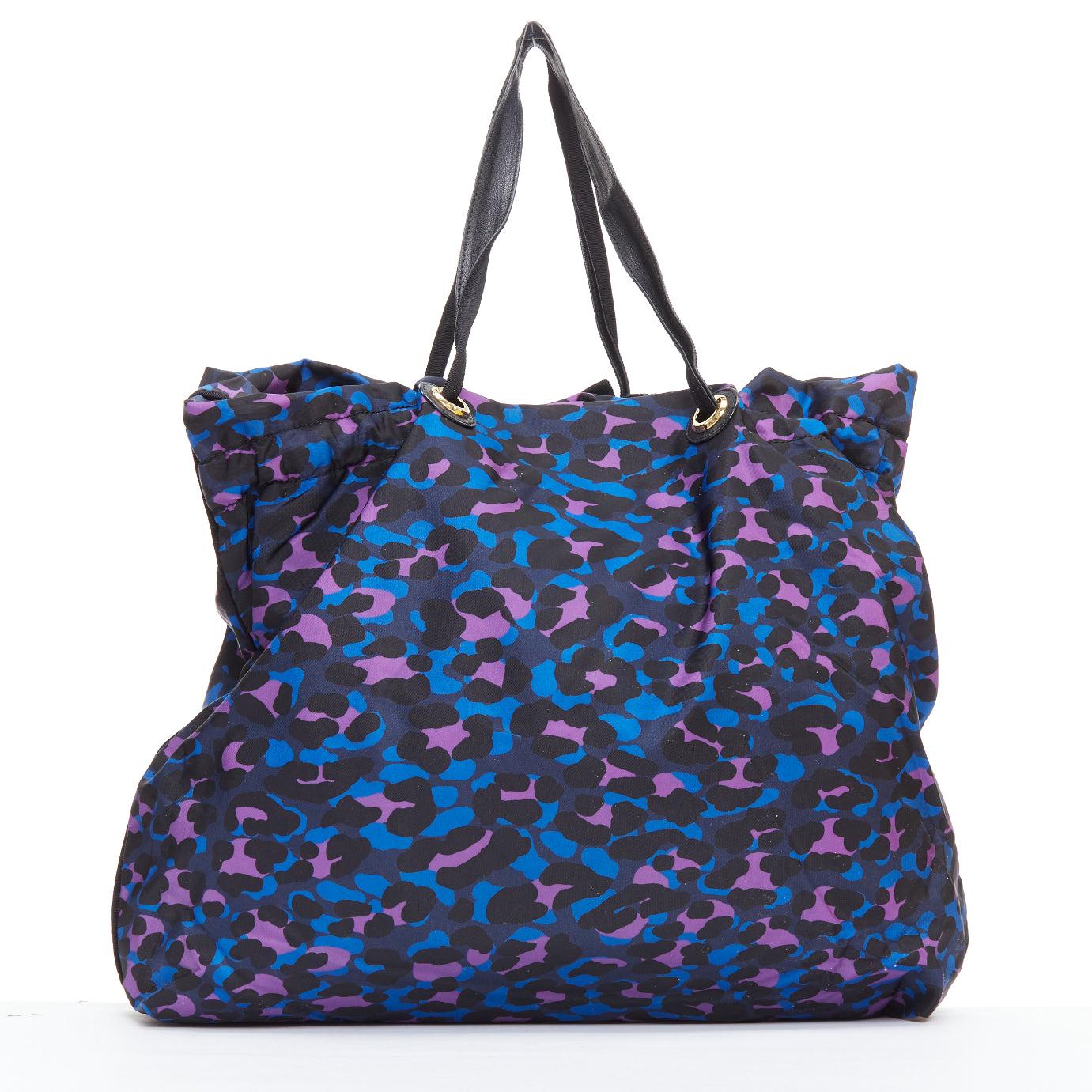 Women's LANVIN blue purple leopard print black bow strap shoulder tote bag For Sale