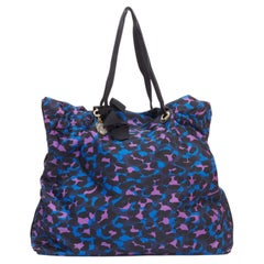 LANVIN blue purple leopard print black bow strap shoulder tote bag