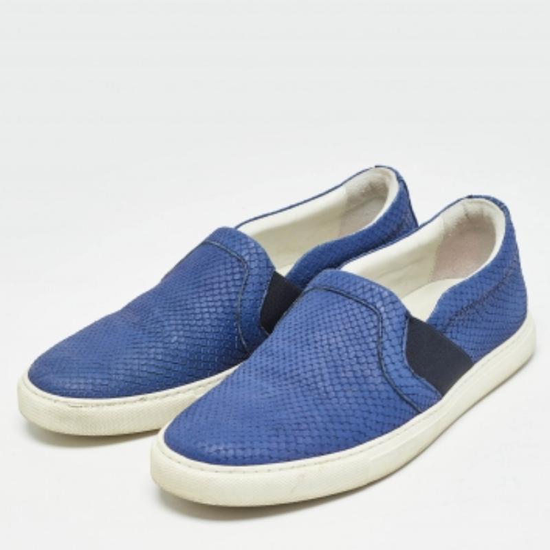 Lanvin - Sneakers Slip on in pelle goffrata con pitone blu - taglia 41 in vendita 1
