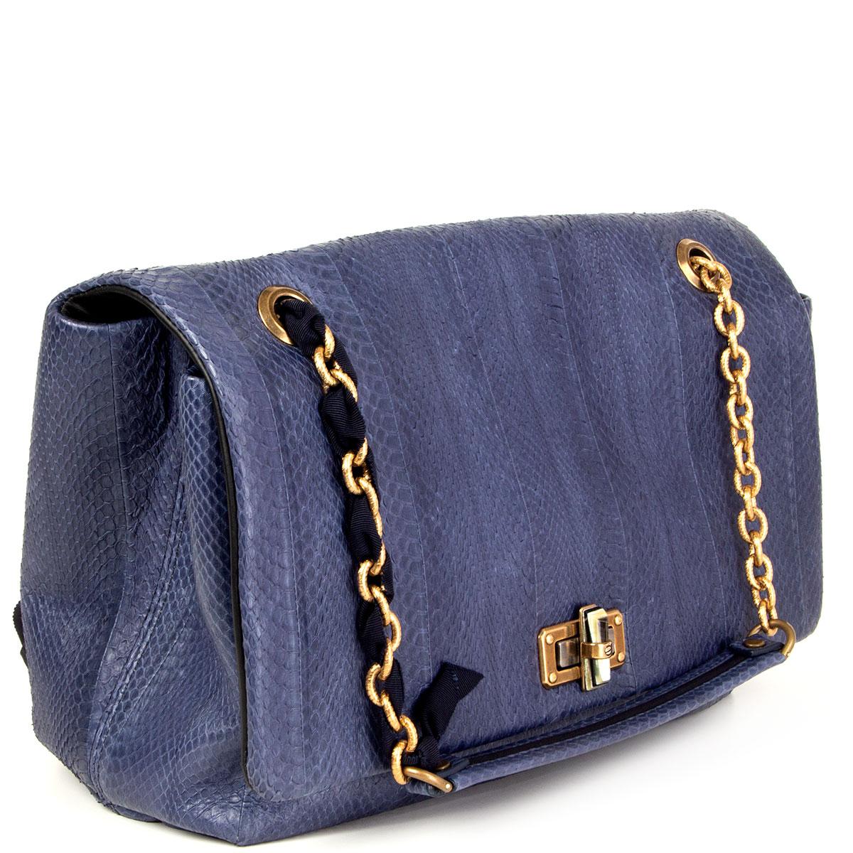 100% authentic Lanvin 'Happy' twist-lock shoulder bag in smokey blue python leather (100%) with shoulder strap in gold-tone metal chain, smokey blue python leather and a blue ribbon embellishment. Closes with a twist-lock on the front and inside is