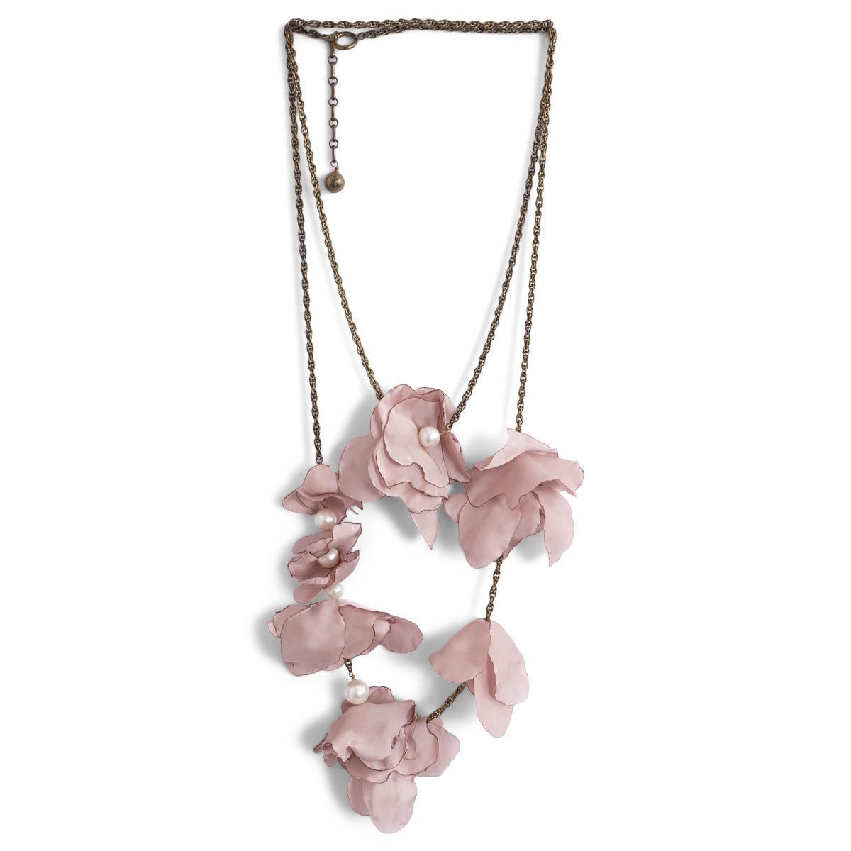 LANVIN blush pink silk FLOWER PETAL & PEARL CHAIN Necklace For Sale