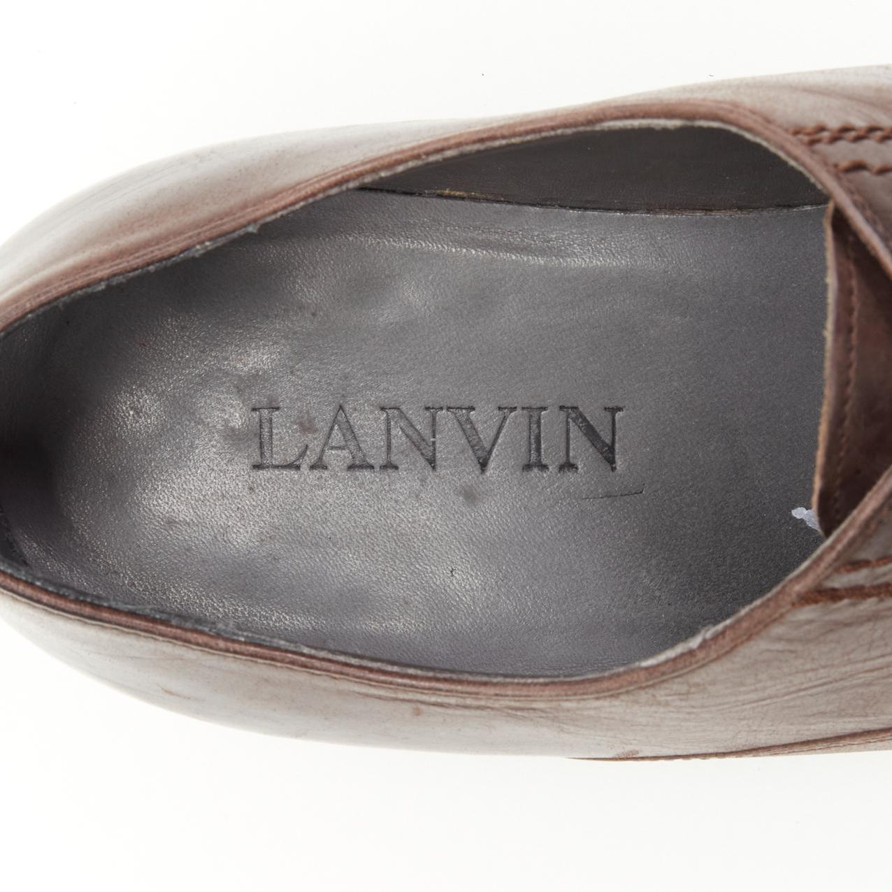 LANVIN brown calfskin lace up distressed scuffed leather dress shoes US8 EU41 For Sale 5