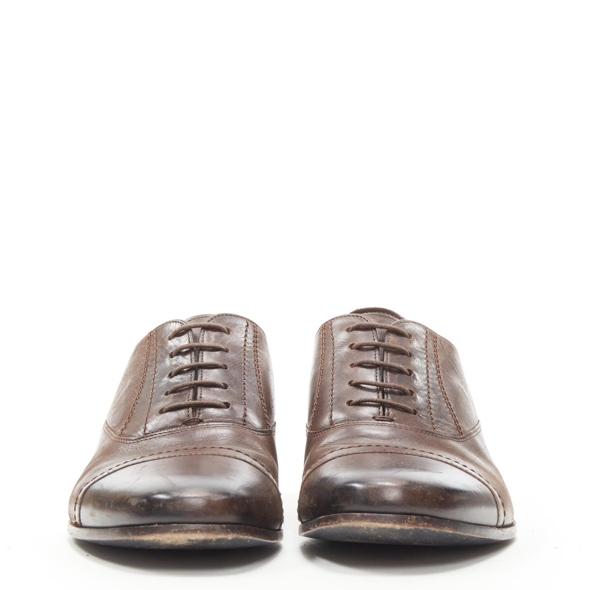 Gray LANVIN brown calfskin lace up distressed scuffed leather dress shoes US8 EU41 For Sale