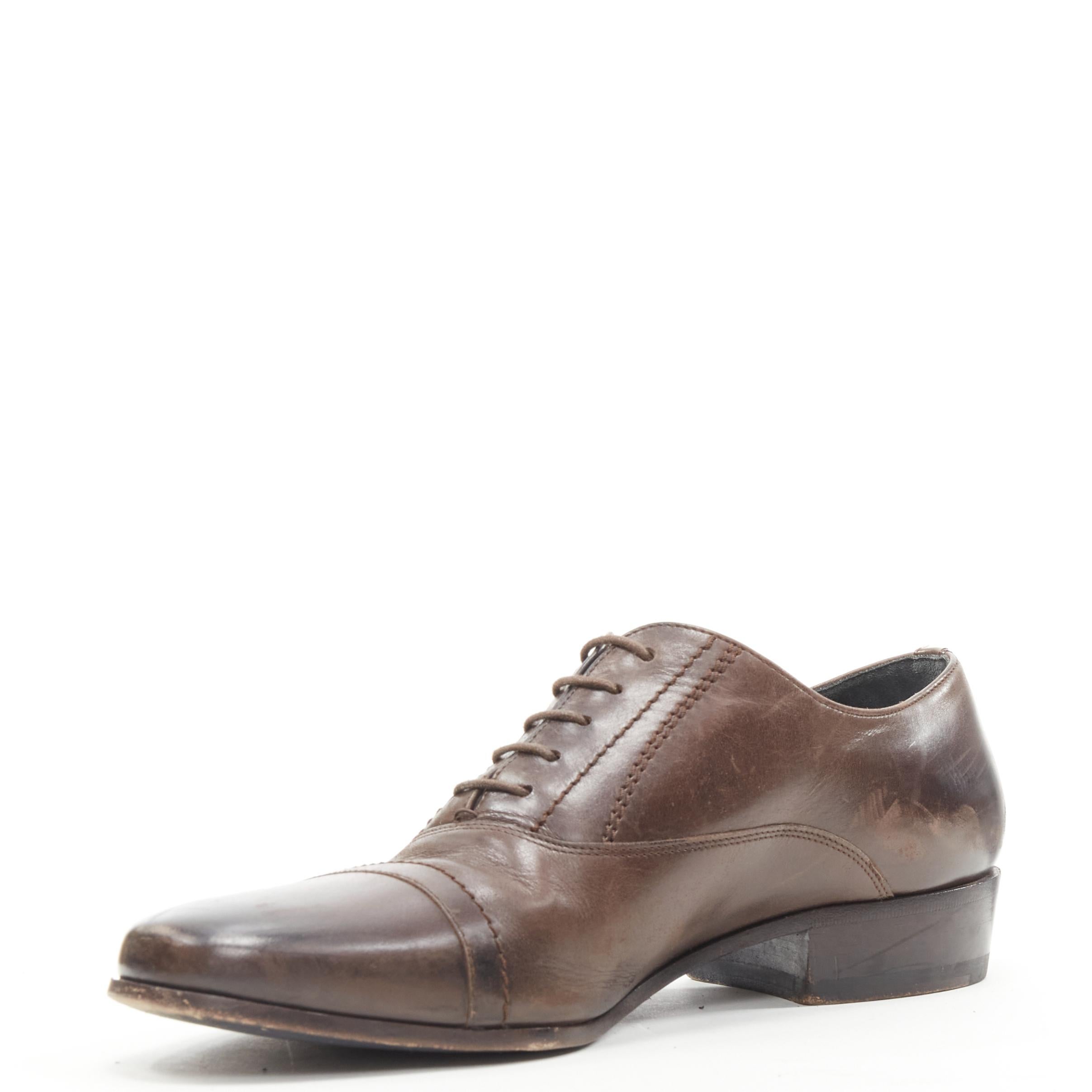 LANVIN brown calfskin lace up distressed scuffed leather dress shoes US8 EU41 In Fair Condition For Sale In Hong Kong, NT