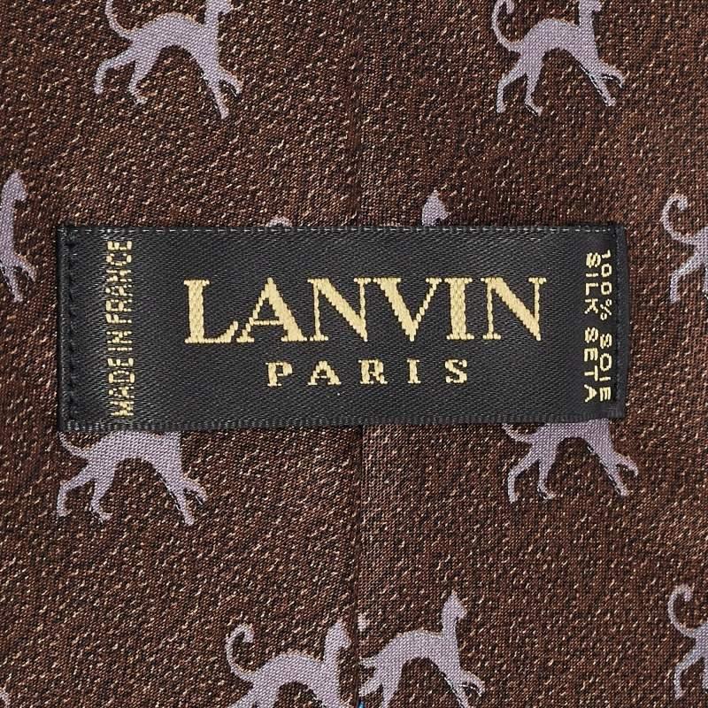 Noir Lanvin Brown Cat Print Satin Silk Traditional Tie (cravate traditionnelle en satin de soie) en vente