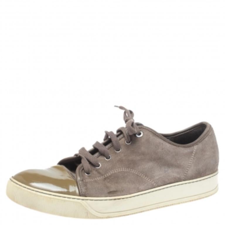 Lanvin Brown/Green Patent And Suede Leather Low Top Sneakers Size 43 In Fair Condition For Sale In Dubai, Al Qouz 2