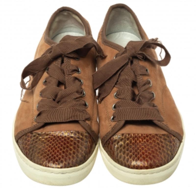 Lanvin Brown  Nubuck Leather And Glitter Python Cap Toe Sneakers Size 39.5 In Fair Condition For Sale In Dubai, Al Qouz 2