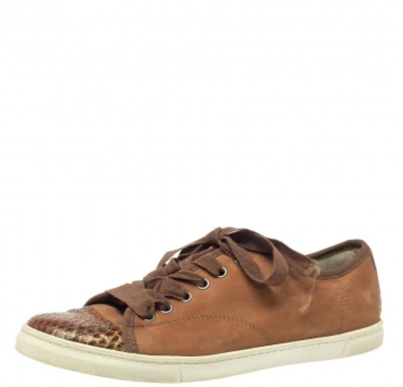 Women's Lanvin Brown  Nubuck Leather And Glitter Python Cap Toe Sneakers Size 39.5 For Sale