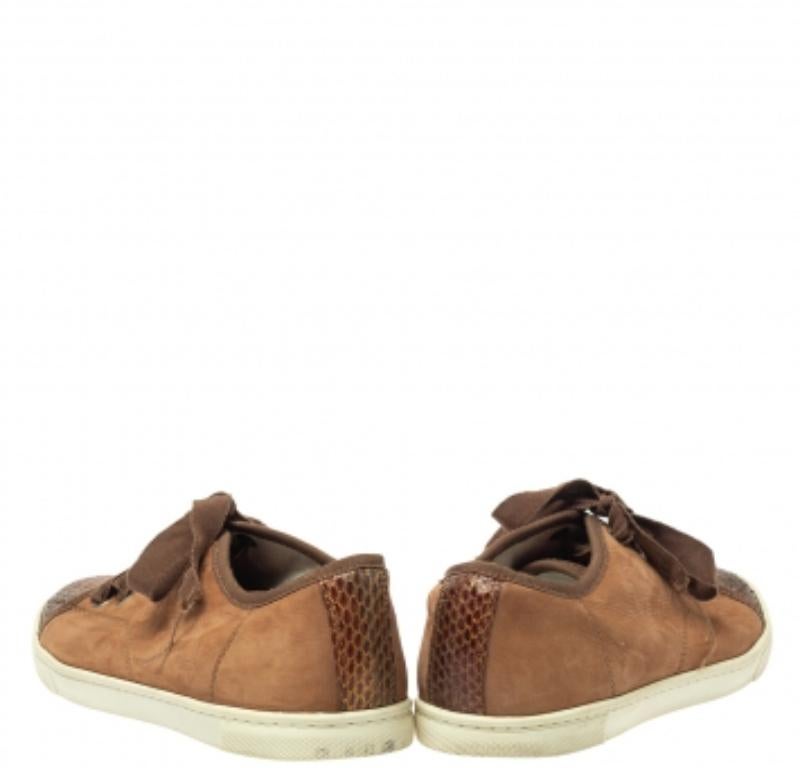 Lanvin Brown  Nubuck Leather And Glitter Python Cap Toe Sneakers Size 39.5 For Sale 1