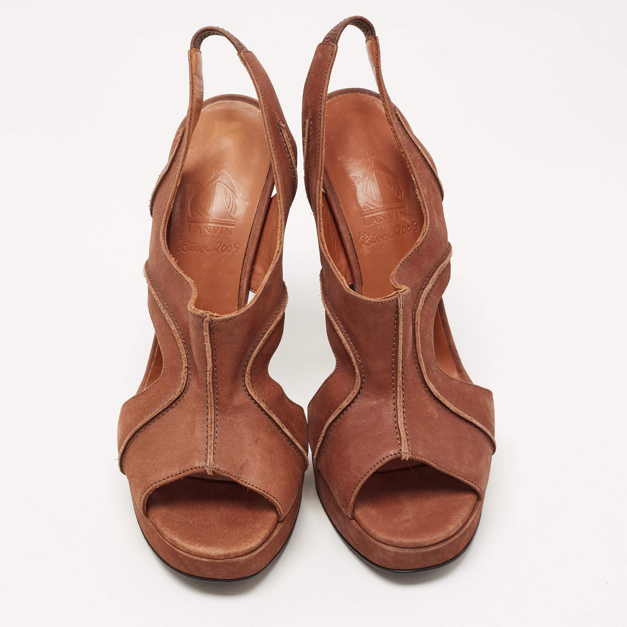 Lanvin Brown Nubuck Leather Platform Slingback Sandals Size 40 In New Condition For Sale In Dubai, Al Qouz 2