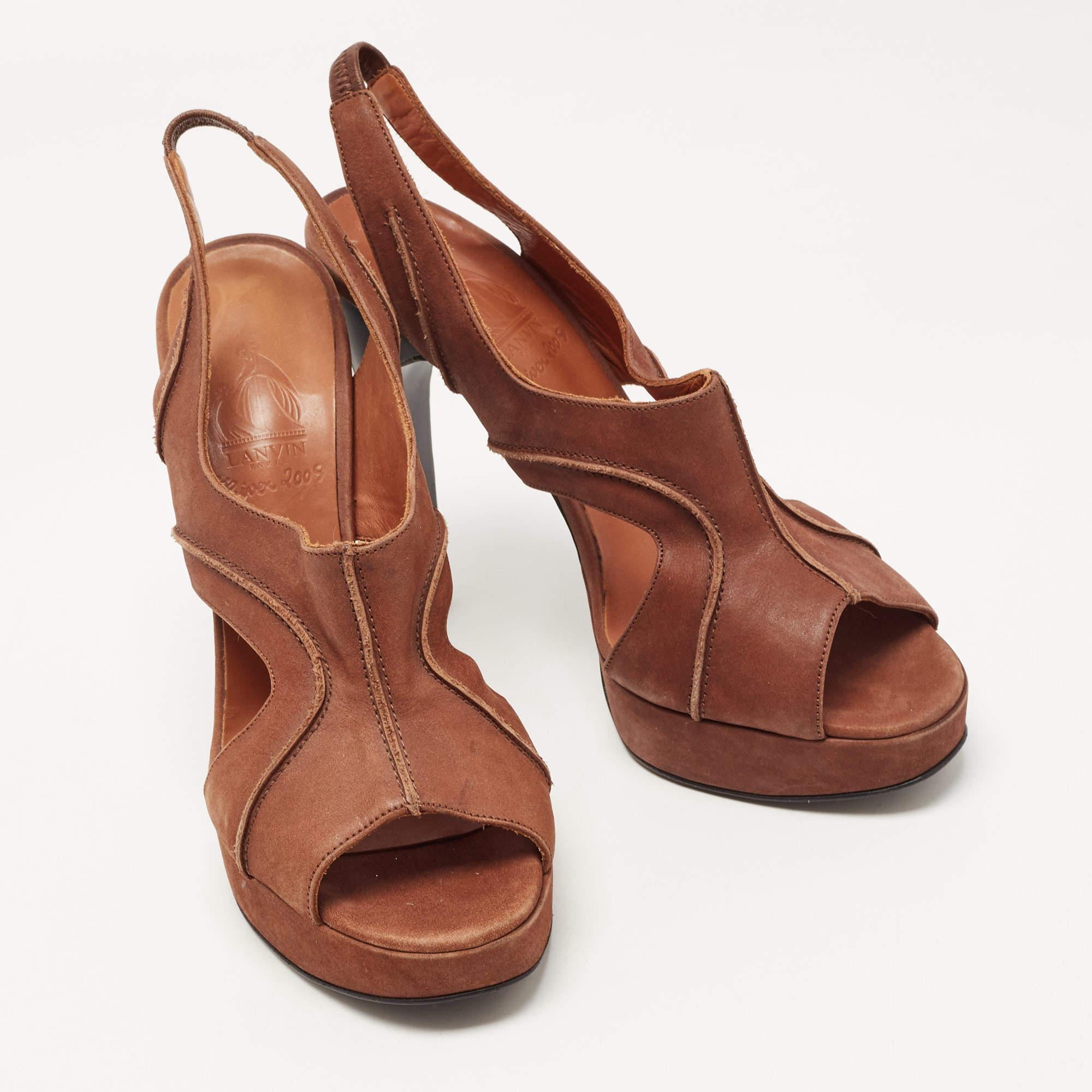Women's Lanvin Brown Nubuck Leather Platform Slingback Sandals Size 40 For Sale