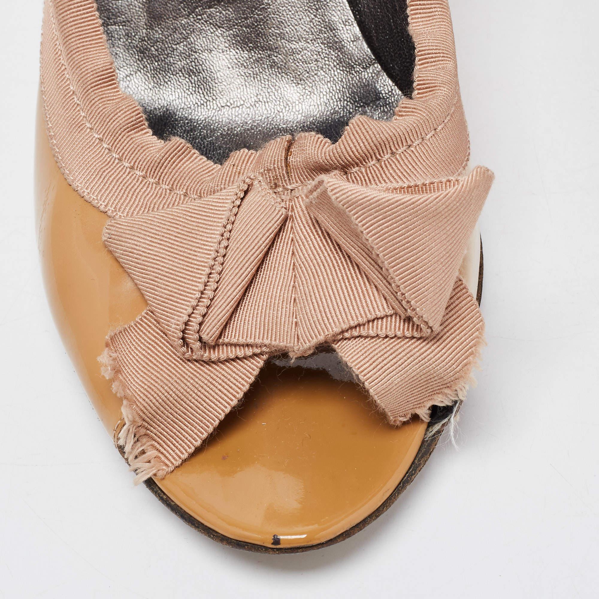 Lanvin Brown Patent Leather And Fabric Grosgrain Bow Peep Toe Pumps Size 41 3