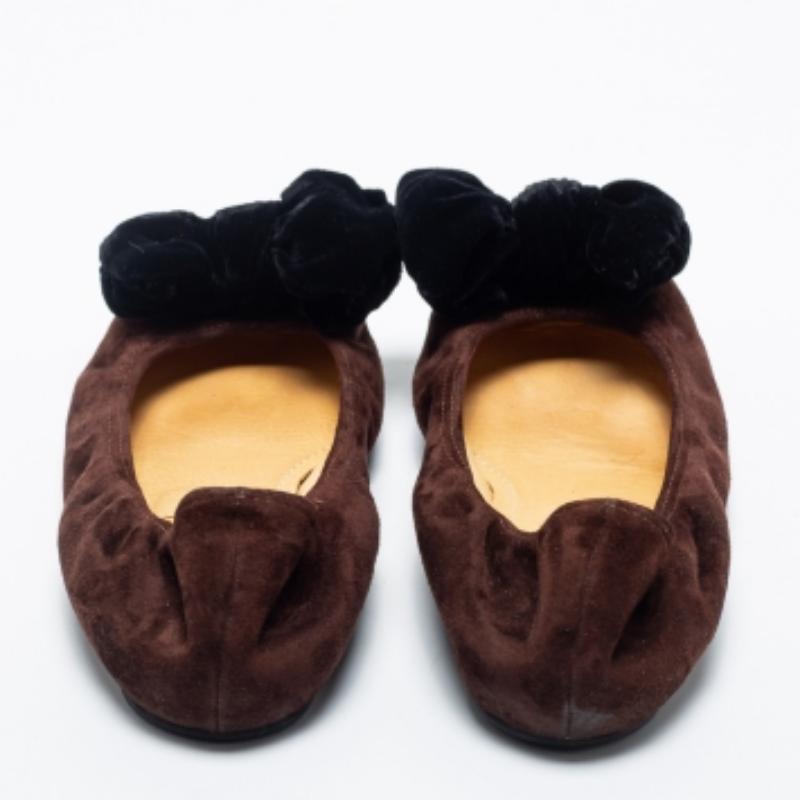 Women's Lanvin Brown Suede Leather Bow Scrunch Ballet Flats Size 38