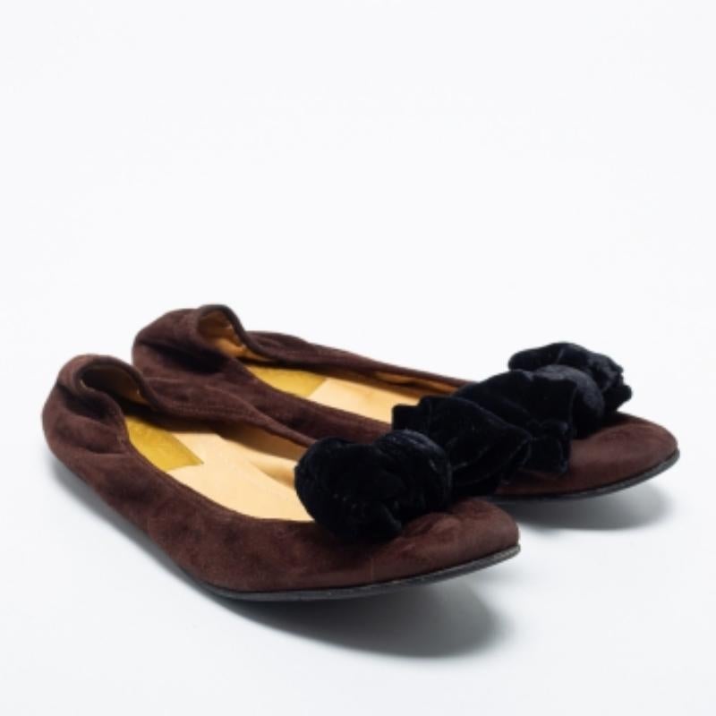 Lanvin Brown Suede Leather Bow Scrunch Ballet Flats Size 38 1