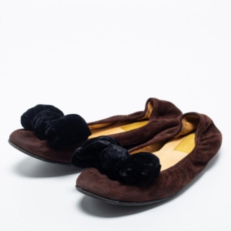 Lanvin Brown Suede Leather Bow Scrunch Ballet Flats Size 38 2