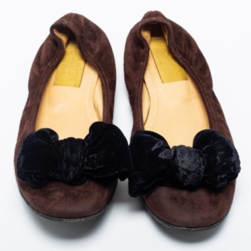 Lanvin Brown Suede Leather Bow Scrunch Ballet Flats Size 38 3