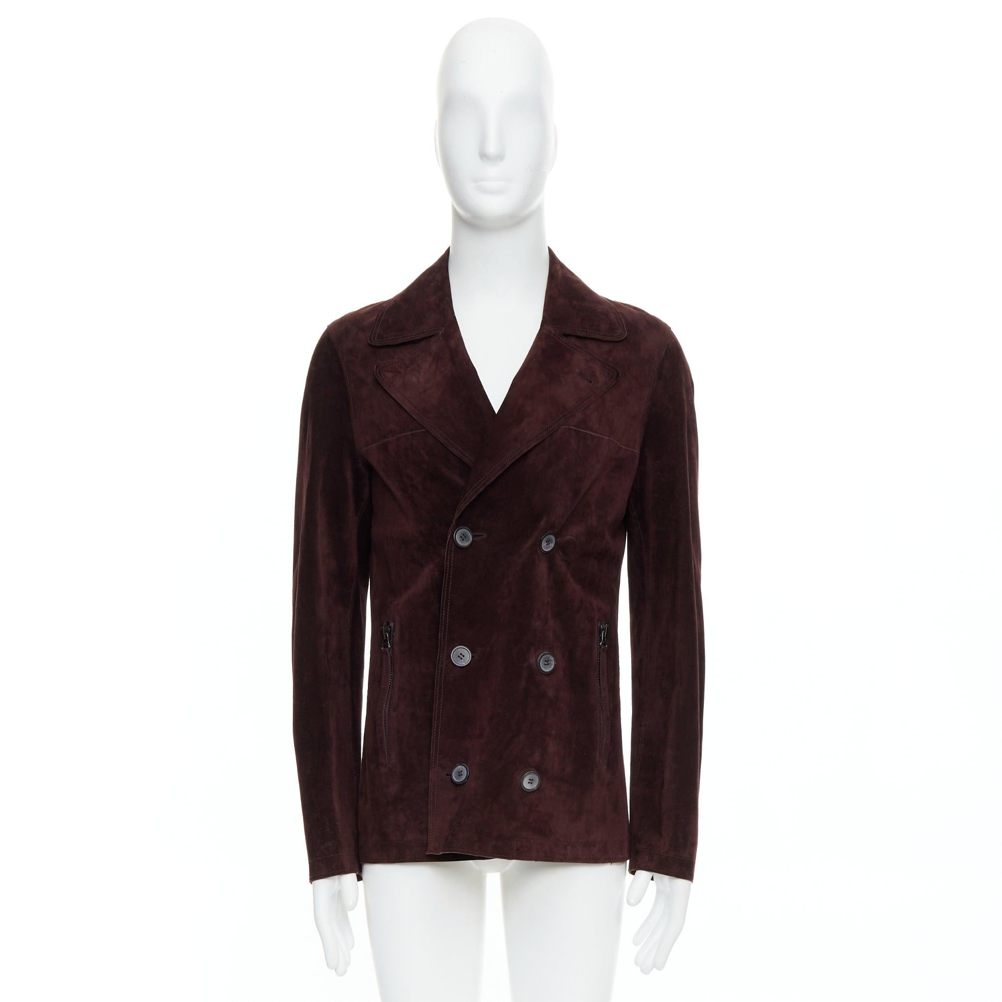 LANVIN Braunes vegetabiles Kalbsveloursleder Zweireiher-Jacke FR48 M im Angebot 5
