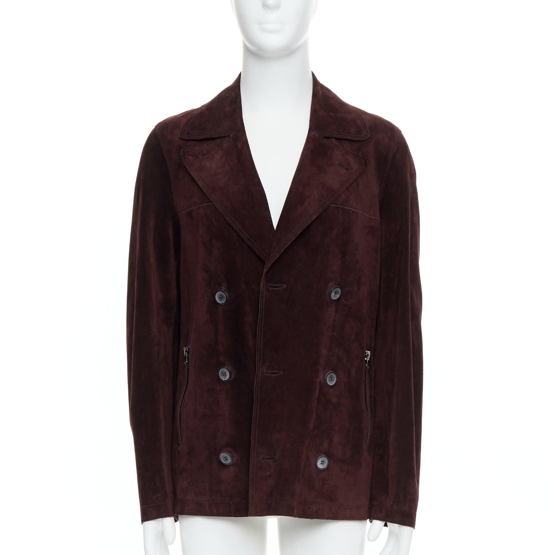 LANVIN Braunes vegetabiles Kalbsveloursleder Zweireiher-Jacke FR48 M (Schwarz) im Angebot