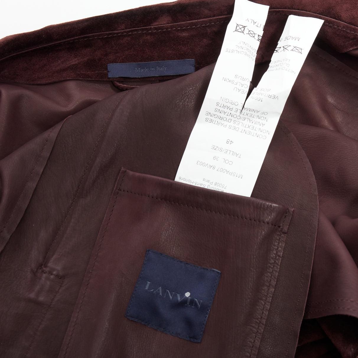 LANVIN Braunes vegetabiles Kalbsveloursleder Zweireiher-Jacke FR48 M im Angebot 4