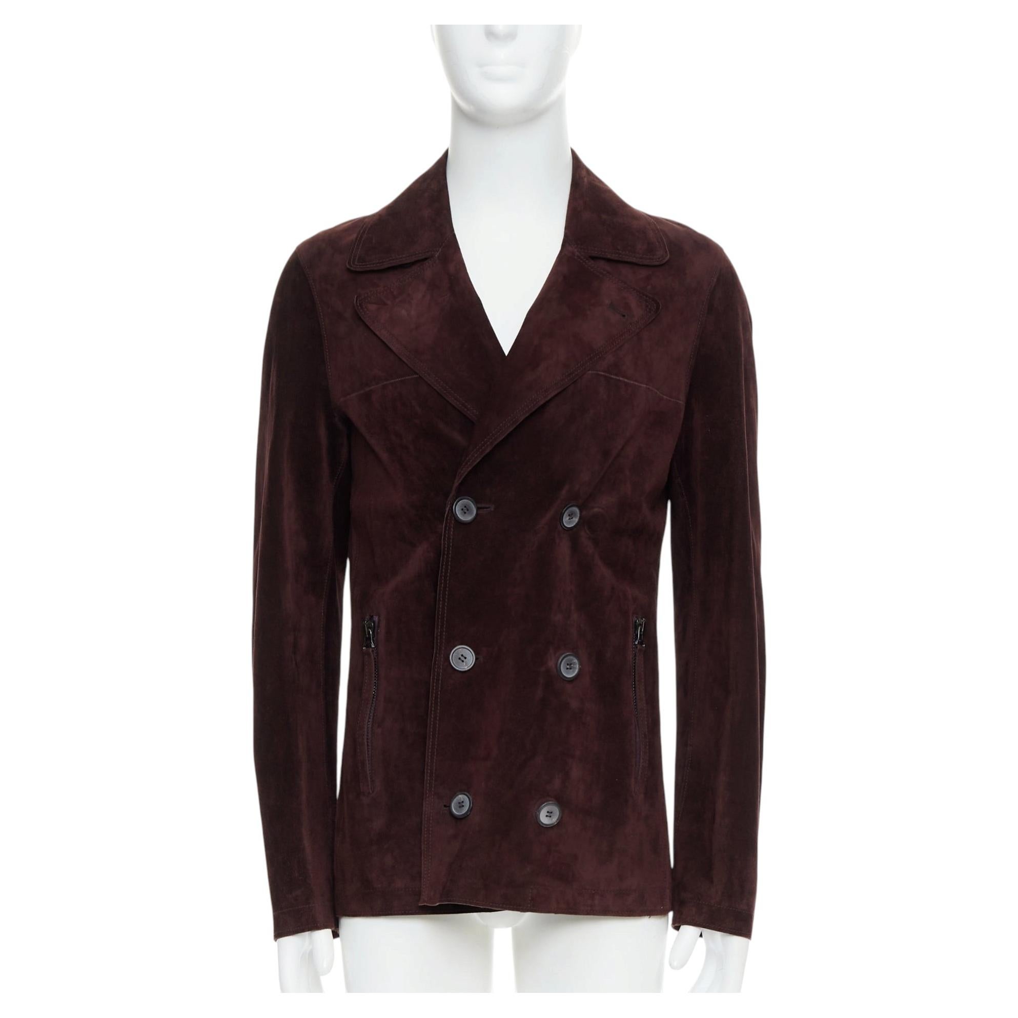 LANVIN Braunes vegetabiles Kalbsveloursleder Zweireiher-Jacke FR48 M