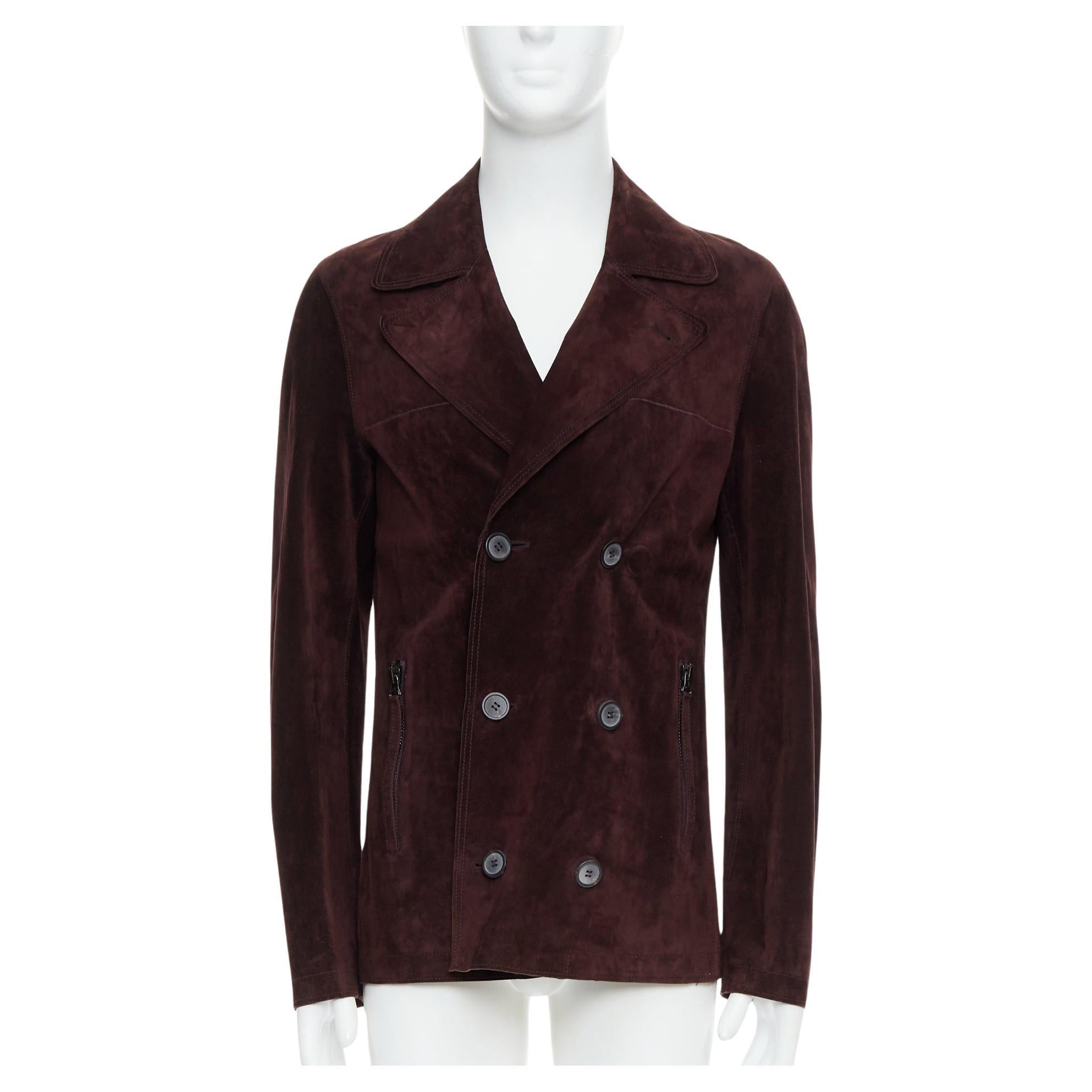 LANVIN Braunes vegetabiles Kalbsveloursleder Zweireiher-Jacke FR48 M im Angebot