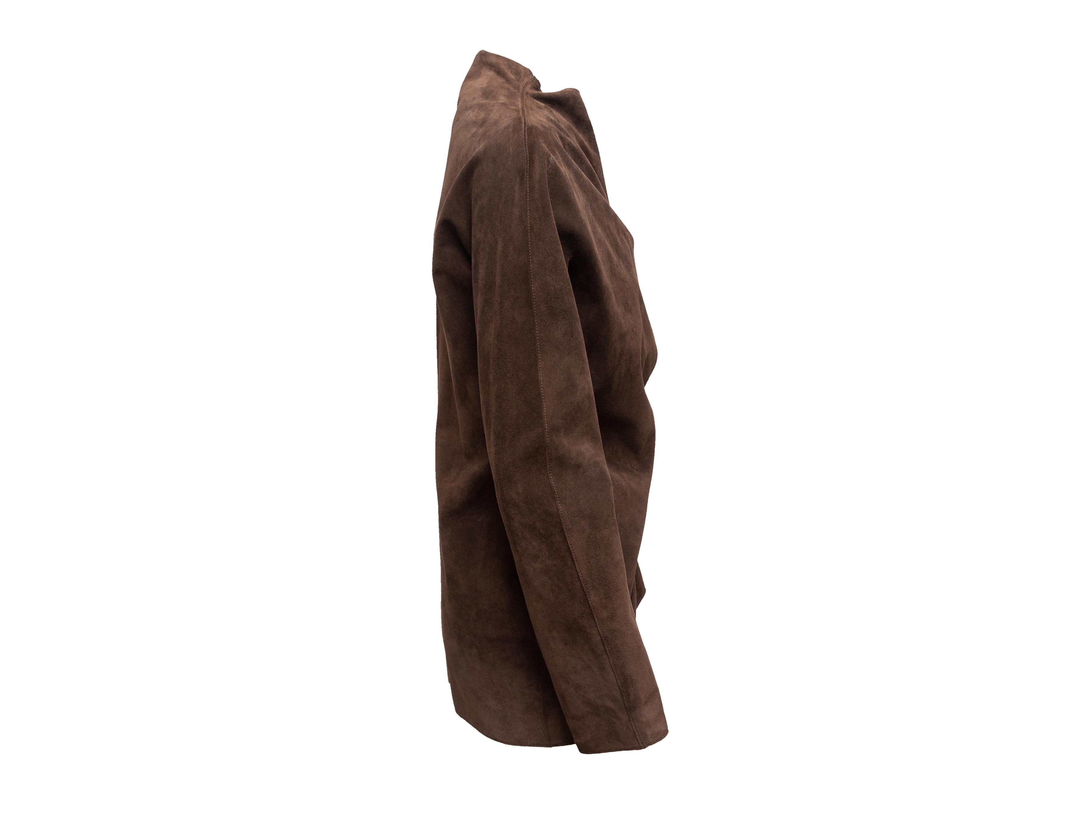 Product details: Brown asymmetrical suede jacket by Lanvin. From the Winter 2009 Collection. High neck. Ruching at front. Zip closure at front. Designer size 42. 40