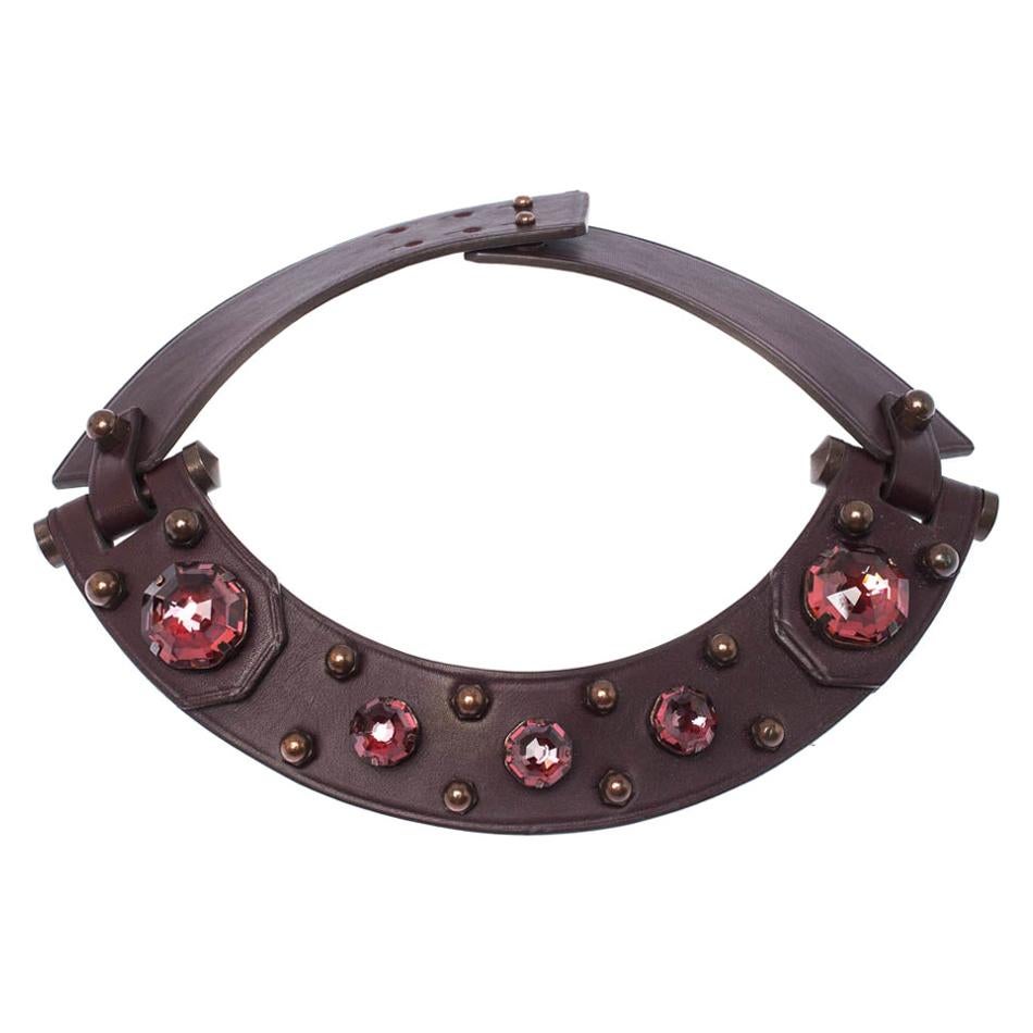 Lanvin Burgundy Crystal Embellished Leather Choker Necklace