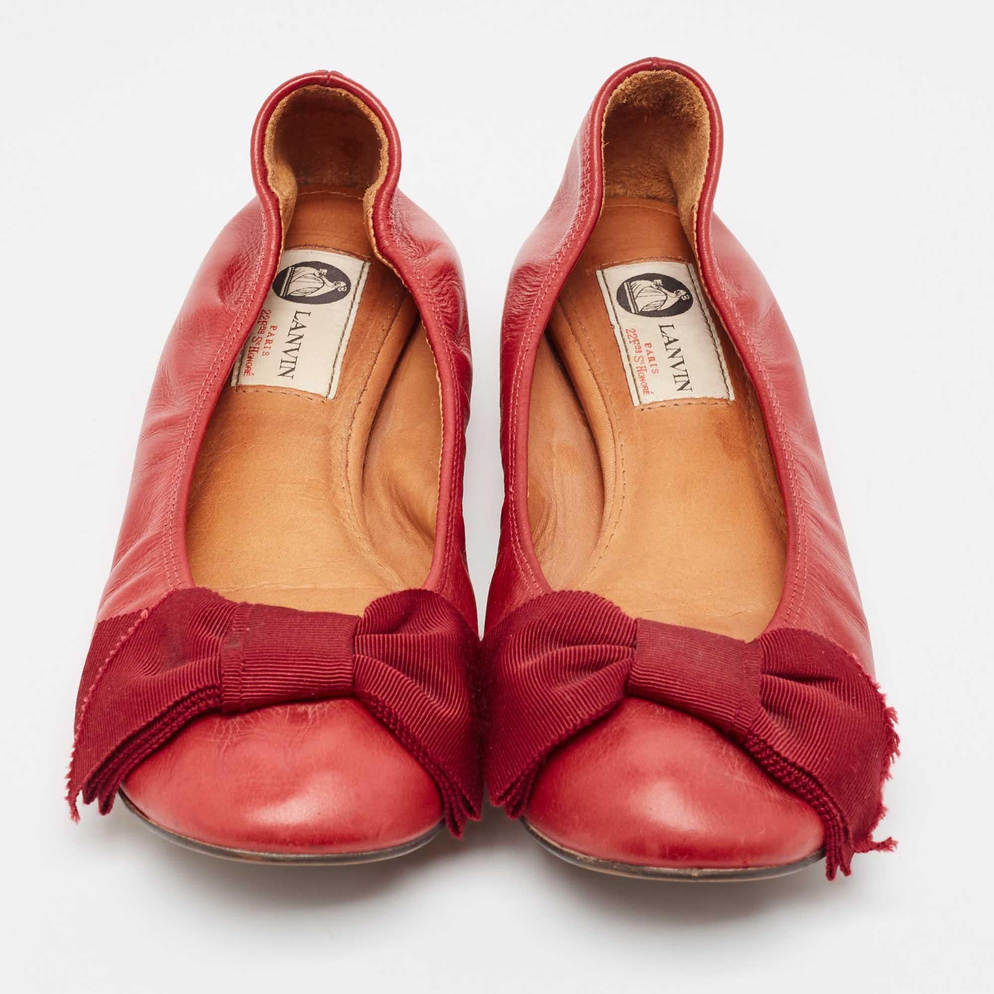 Red Lanvin Burgundy Leather Bow Ballet Flats Size 38 For Sale
