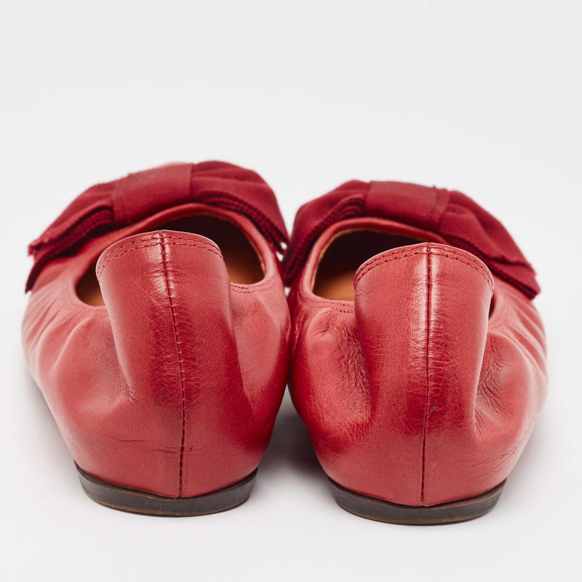 Women's Lanvin Burgundy Leather Bow Ballet Flats Size 38 For Sale
