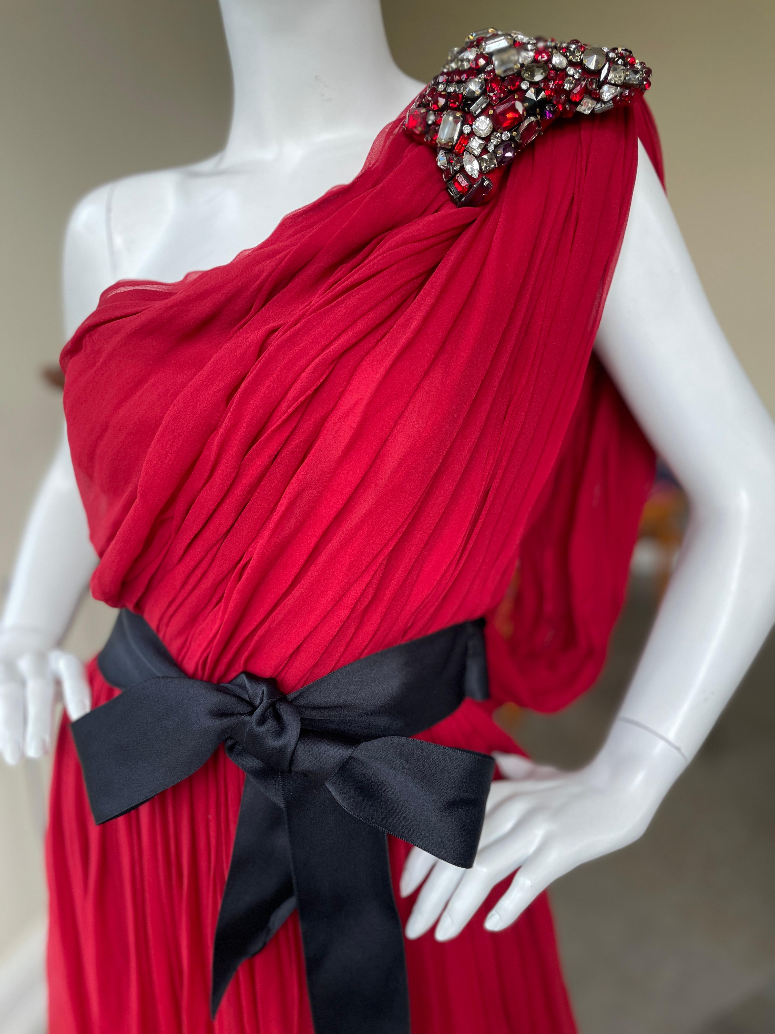 Lanvin by Alber Elbaz 2010 Red Silk Evening Dress for Bergdorf Goodman NWT $7400
Huge jewel on shoulder.
Comes with original Bergdorf Goodman garment bag
 So beautiful, much prettier in person.
Size 42
Bust 37